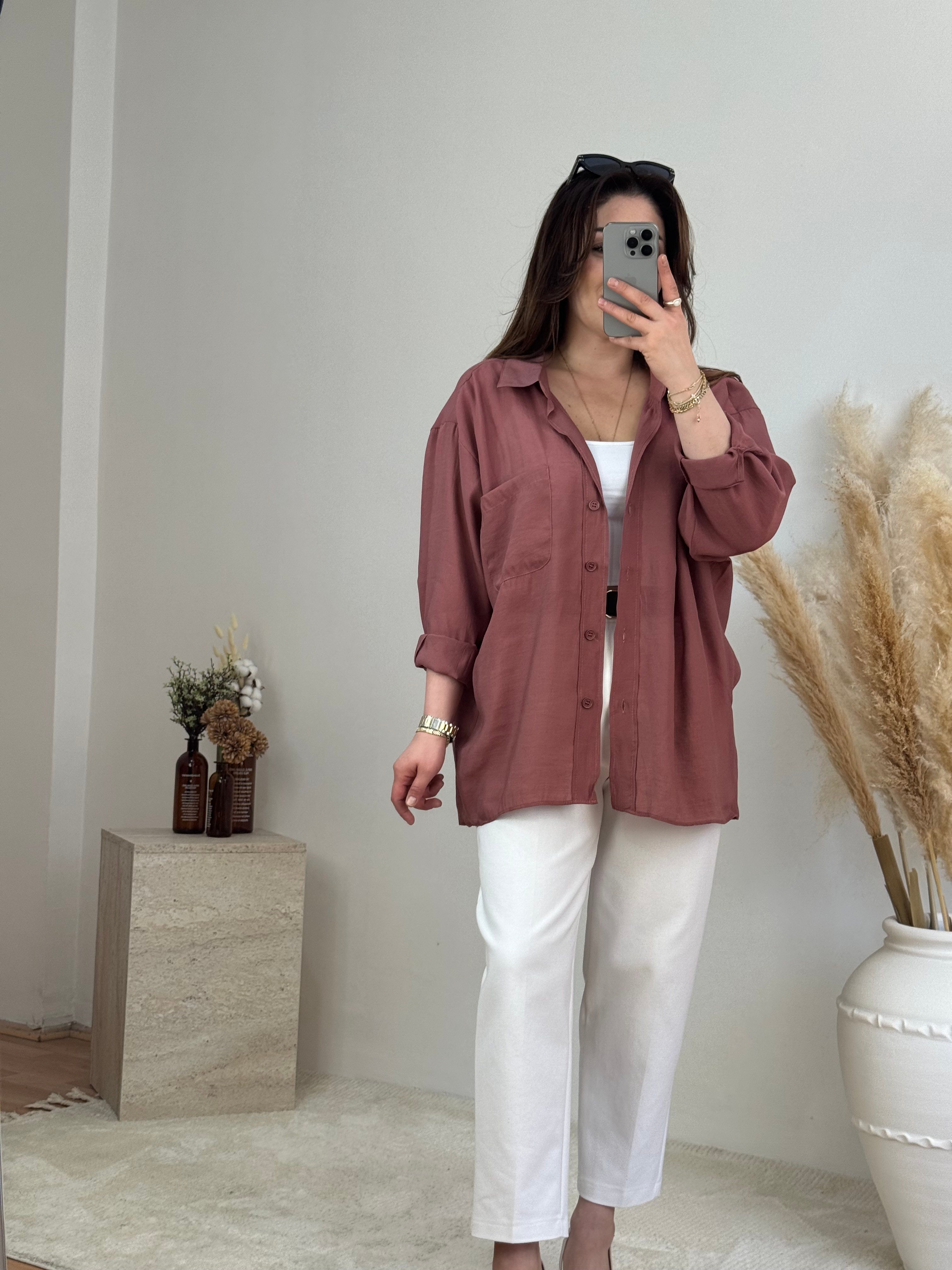 Düşük Omuz Oversize Gömlek- Gül Kurusu