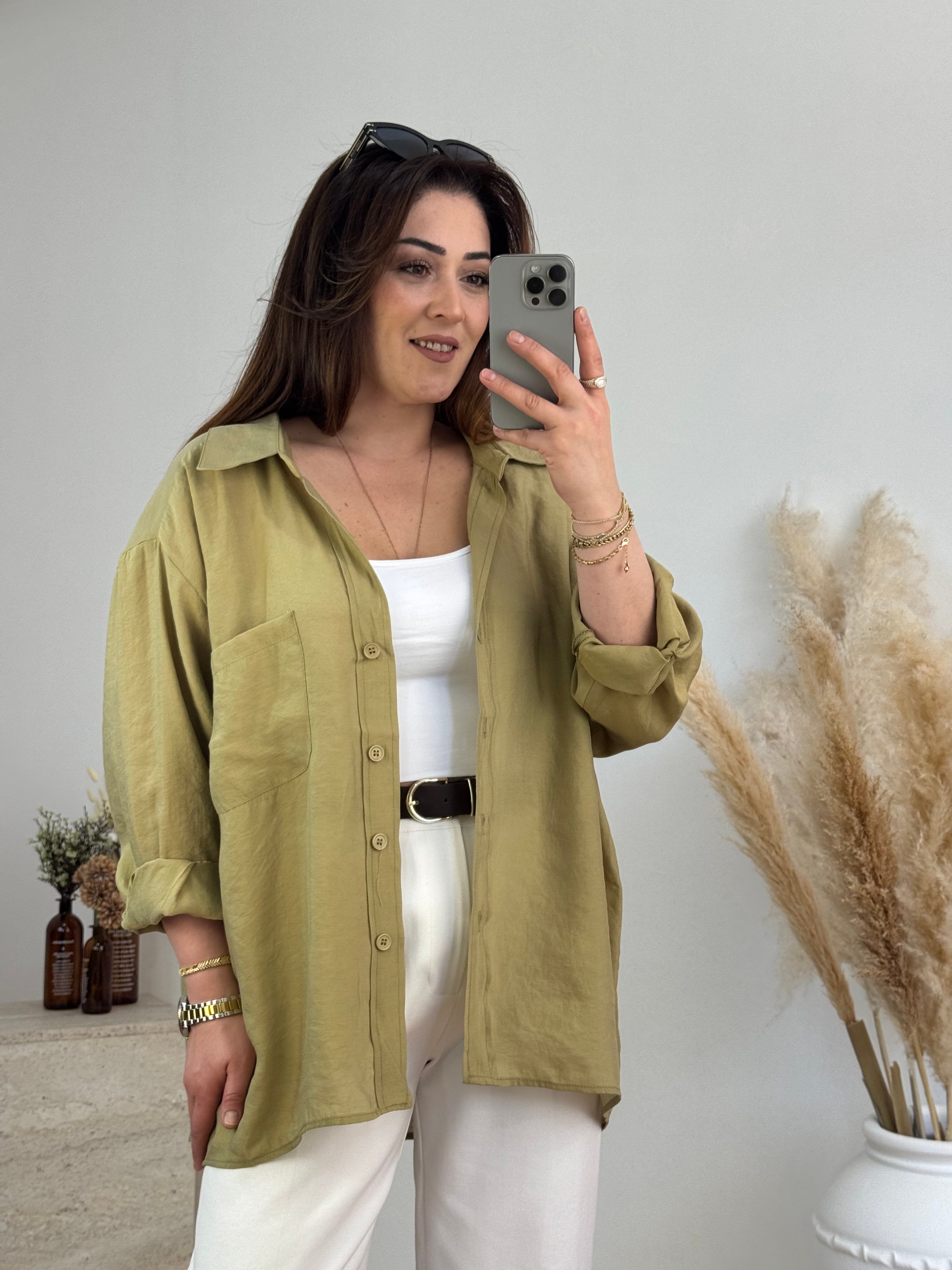Düşük Omuz Oversize Gömlek- Haki Yeşil