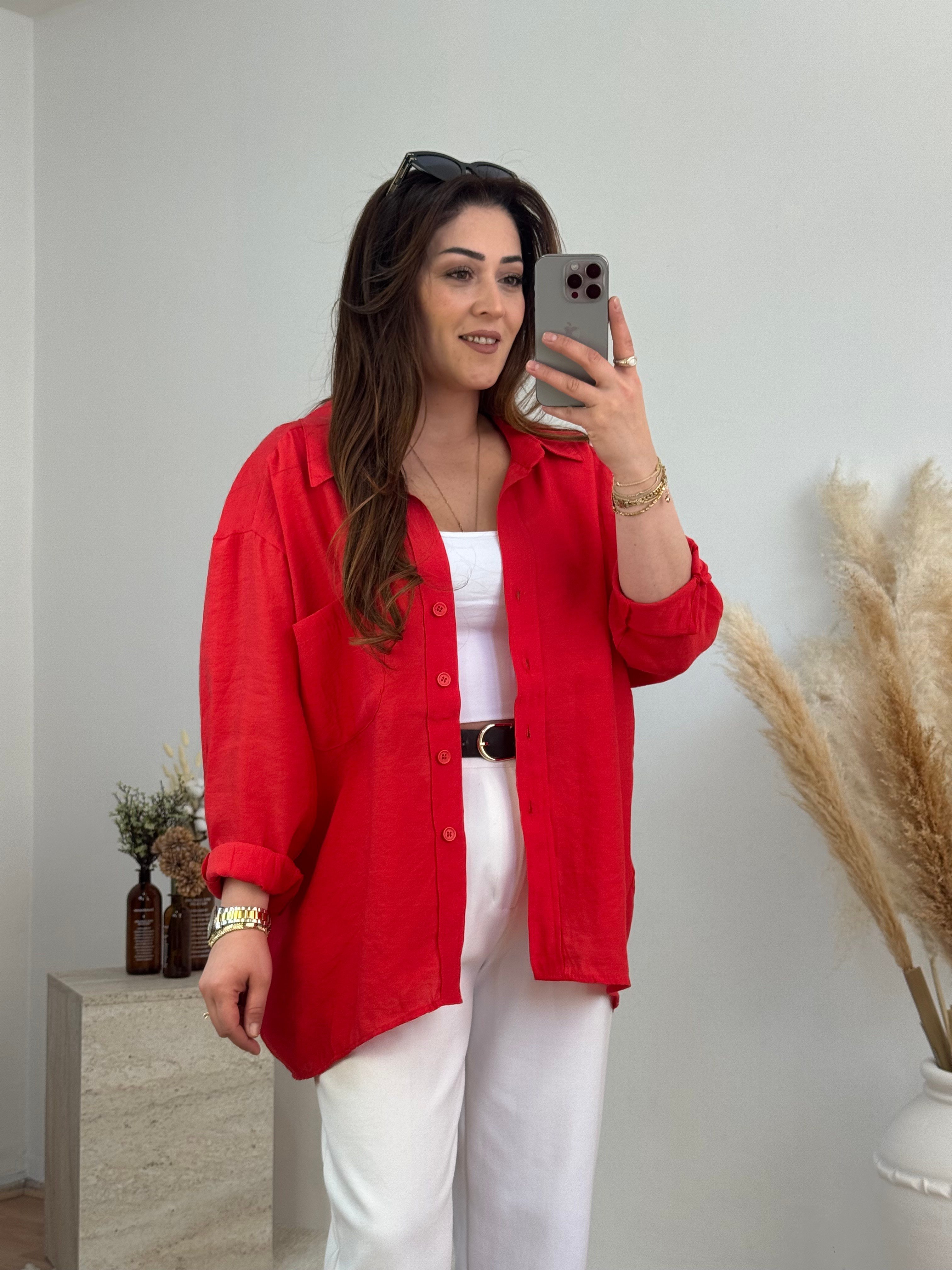 Düşük Omuz Oversize Gömlek- Kırmızı