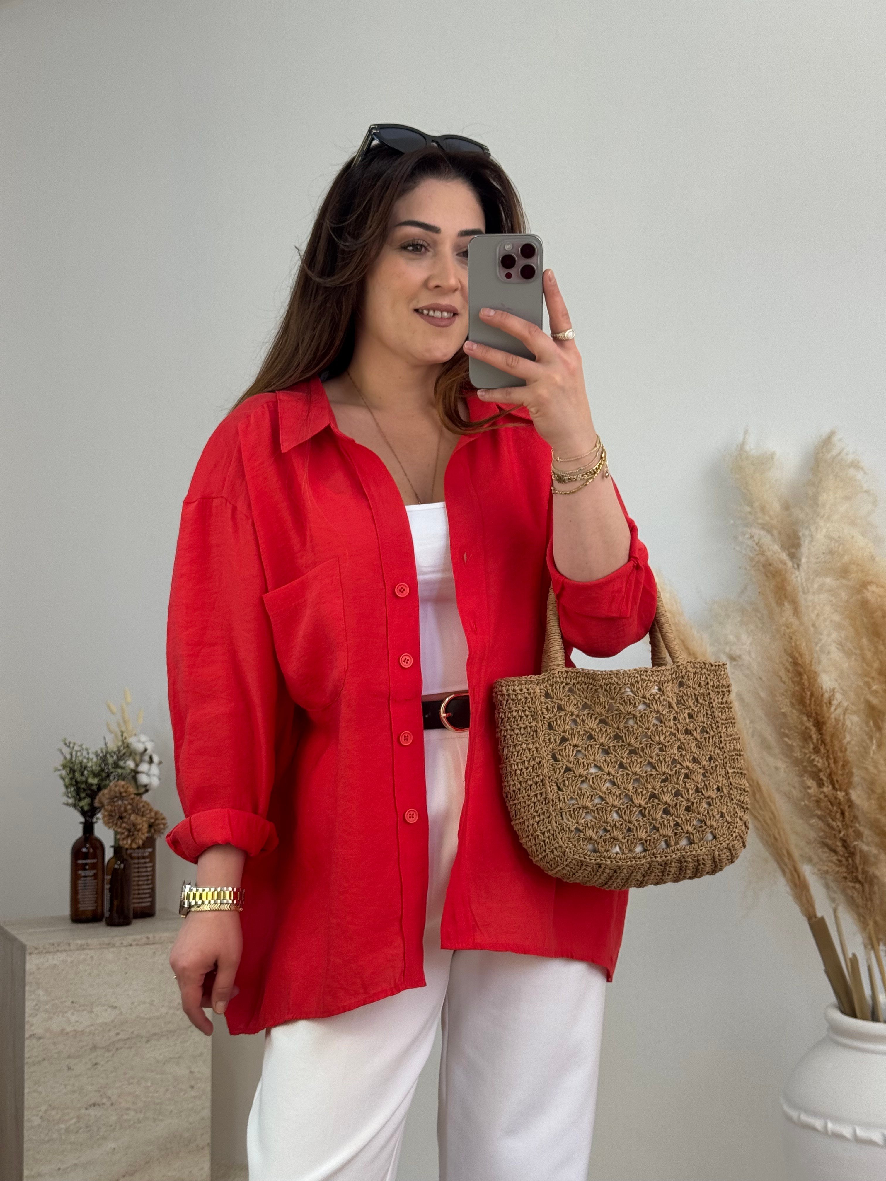 Düşük Omuz Oversize Gömlek- Kırmızı