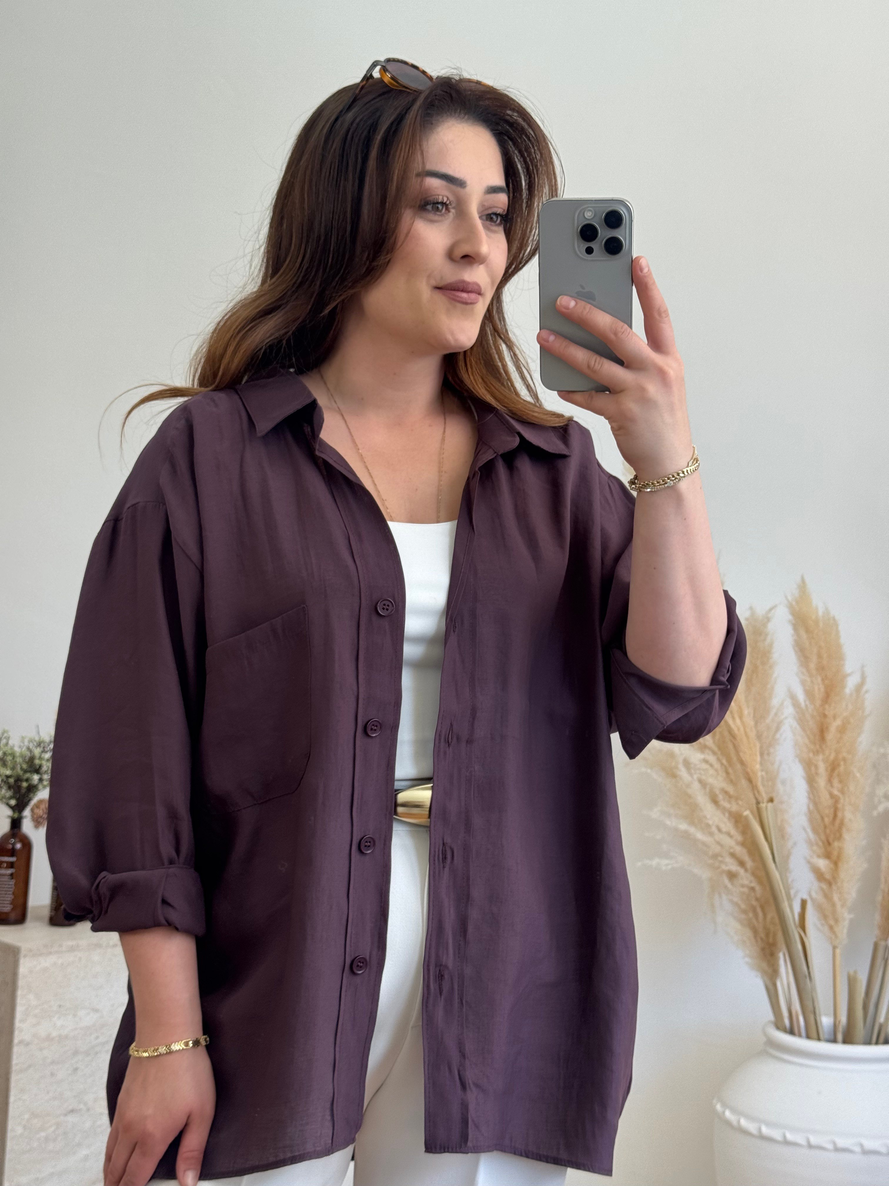Düşük Omuz Oversize Gömlek-Mürdüm