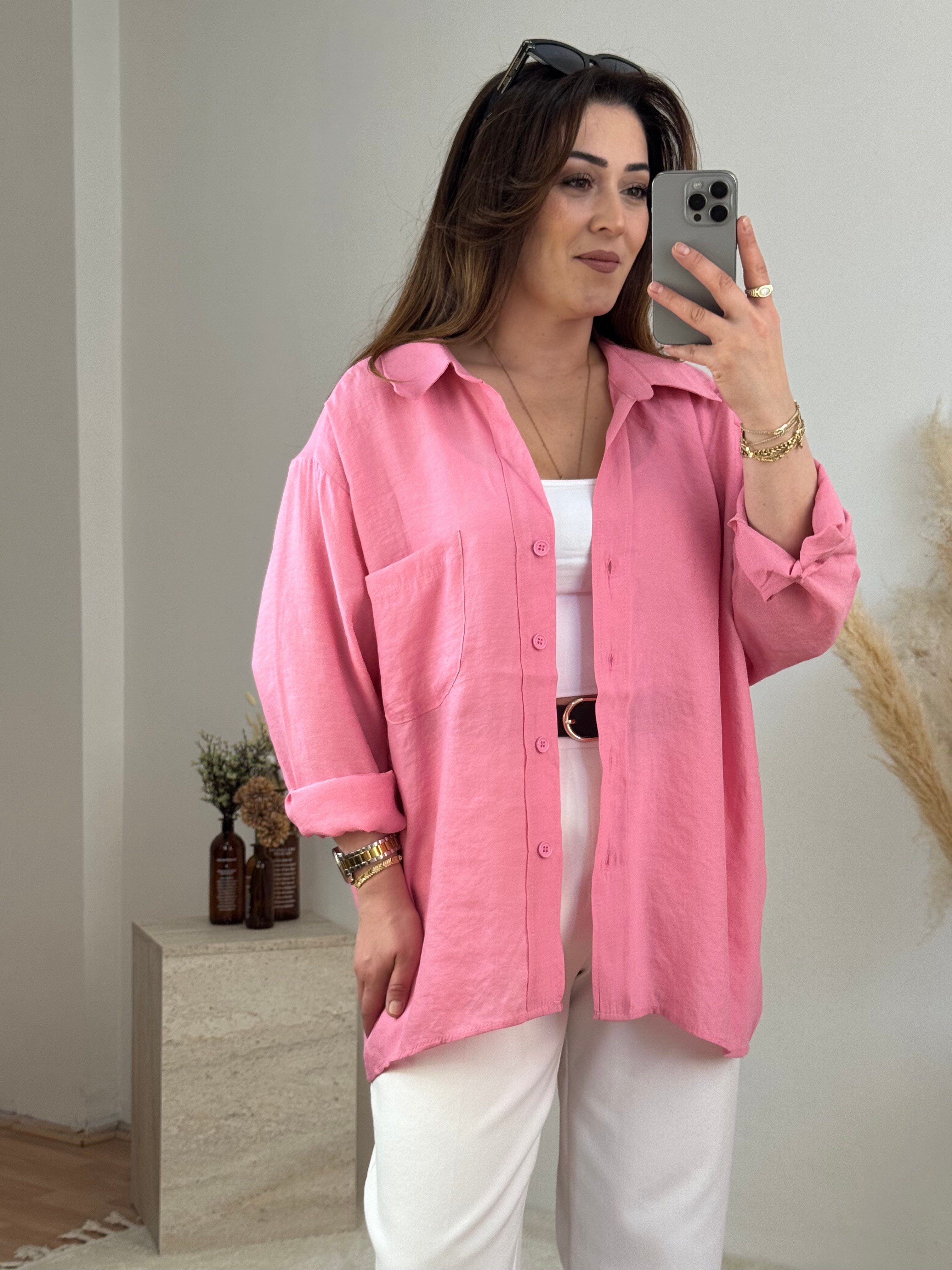 Düşük Omuz Oversize Gömlek- Pembe