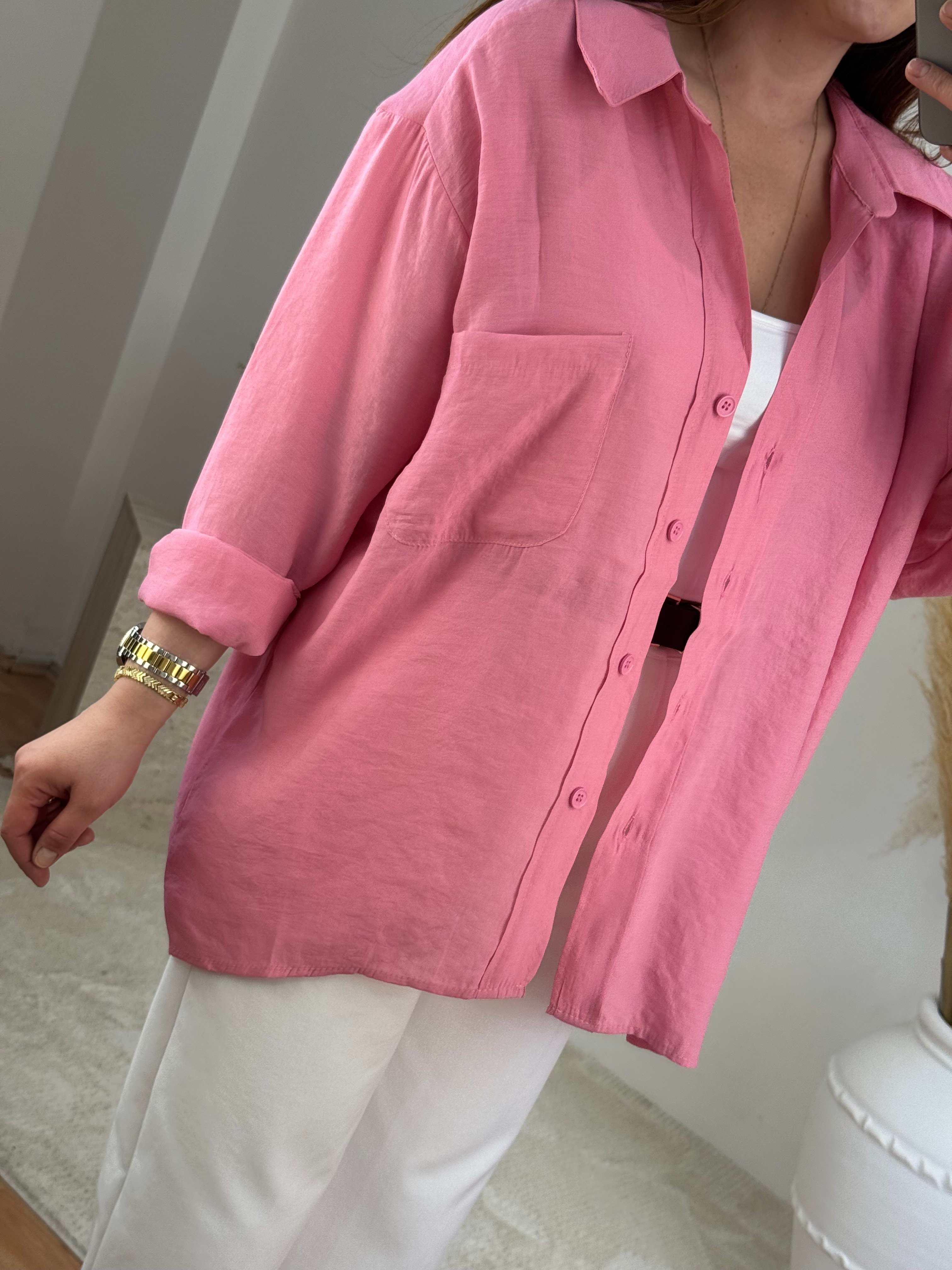 Düşük Omuz Oversize Gömlek- Pembe