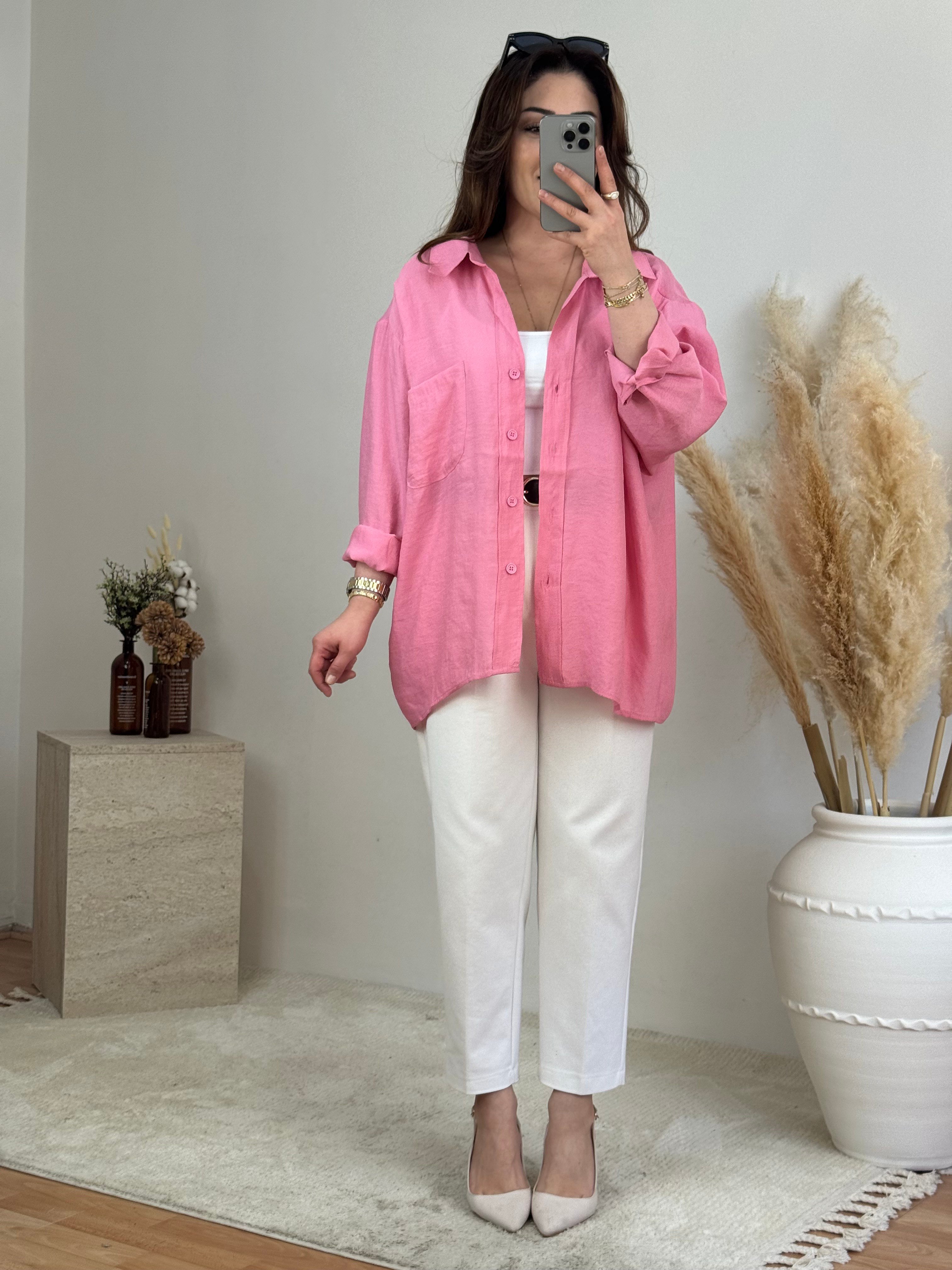 Düşük Omuz Oversize Gömlek- Pembe