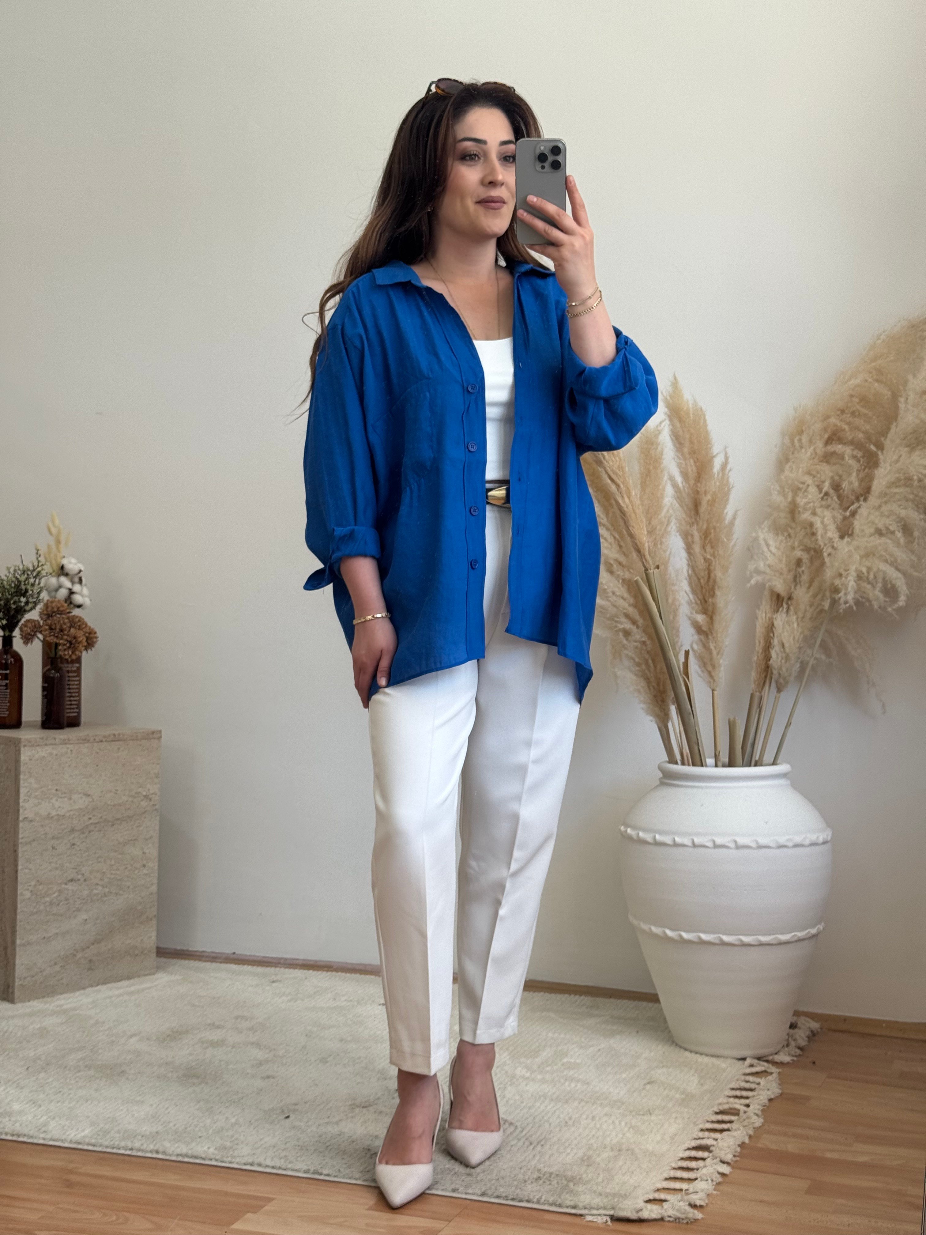 Düşük Omuz Oversize Gömlek-Saks Mavi