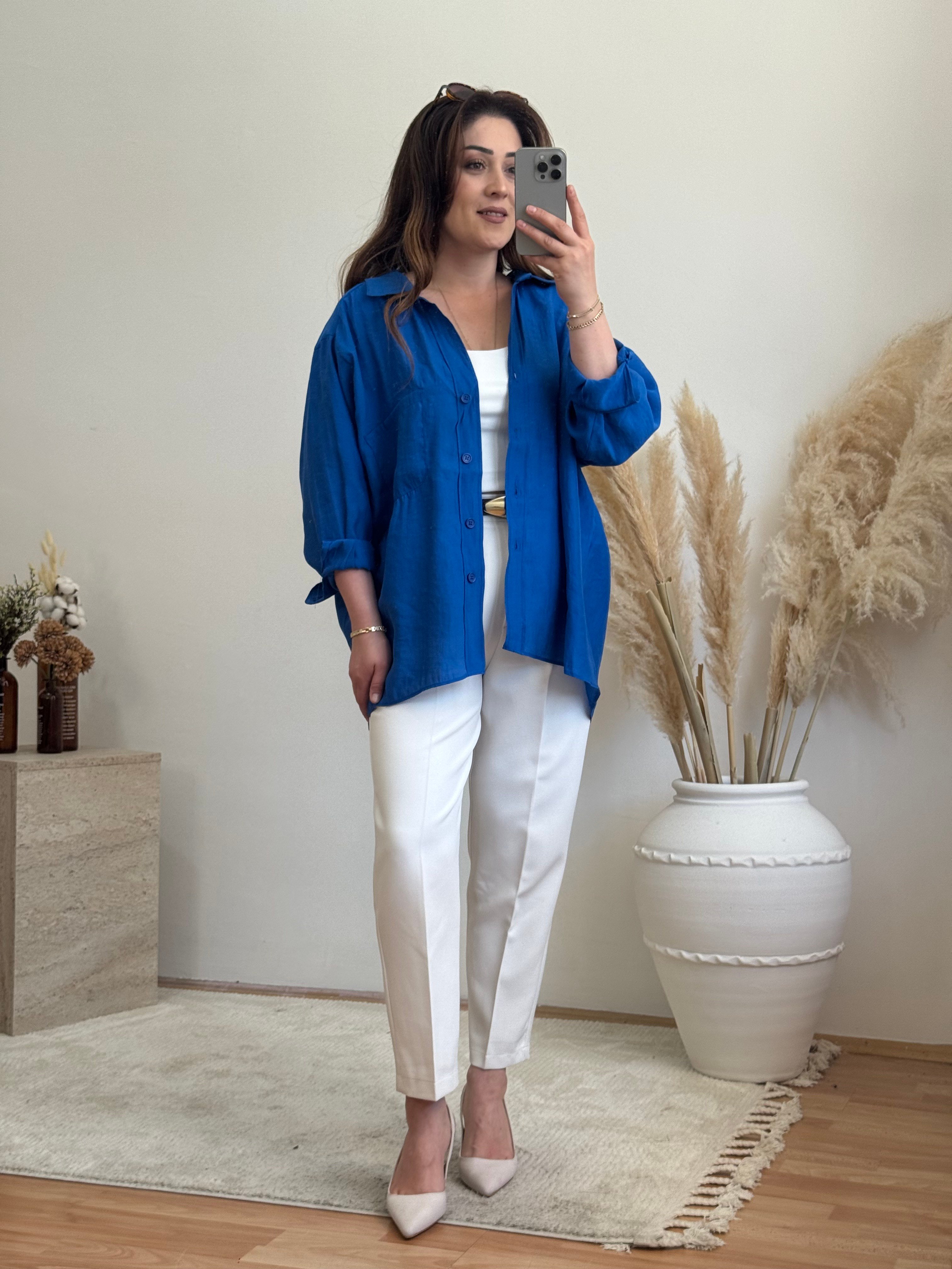 Düşük Omuz Oversize Gömlek-Saks Mavi