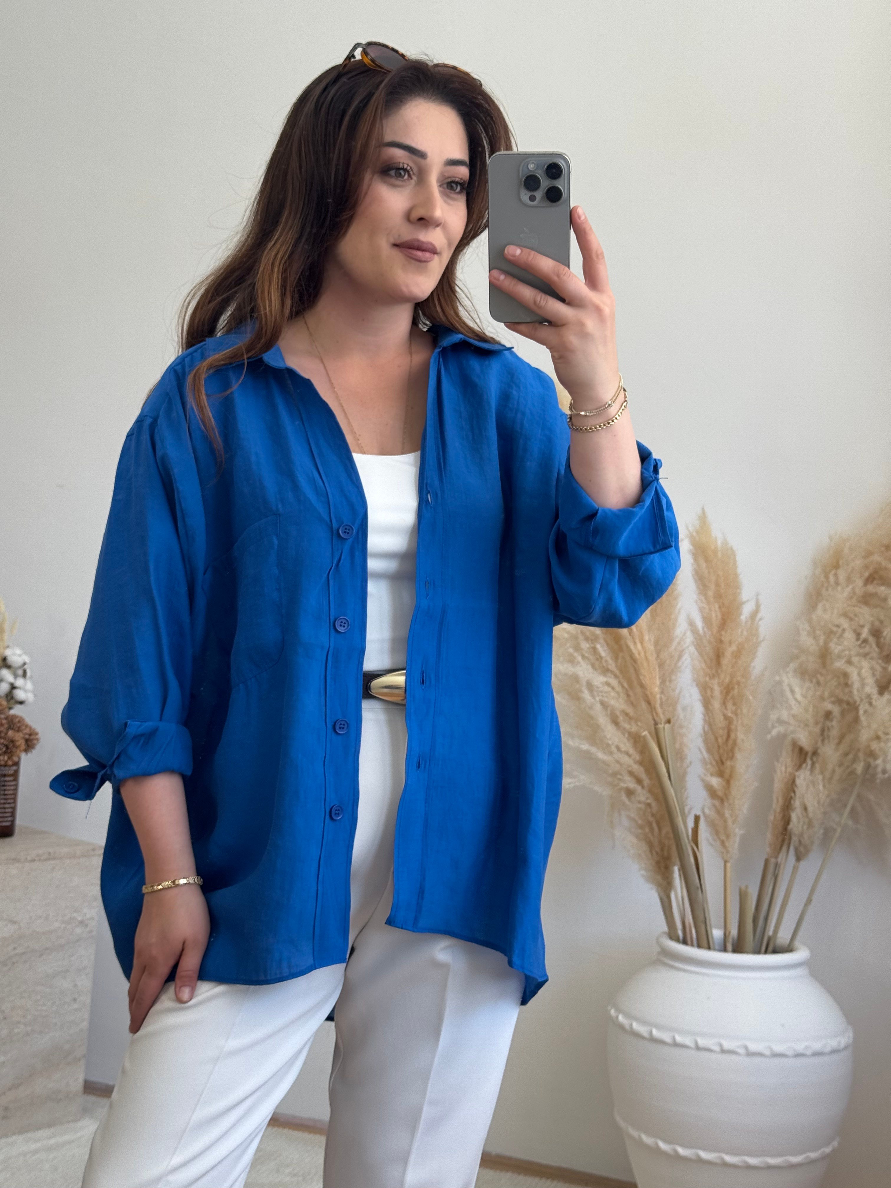 Düşük Omuz Oversize Gömlek-Saks Mavi