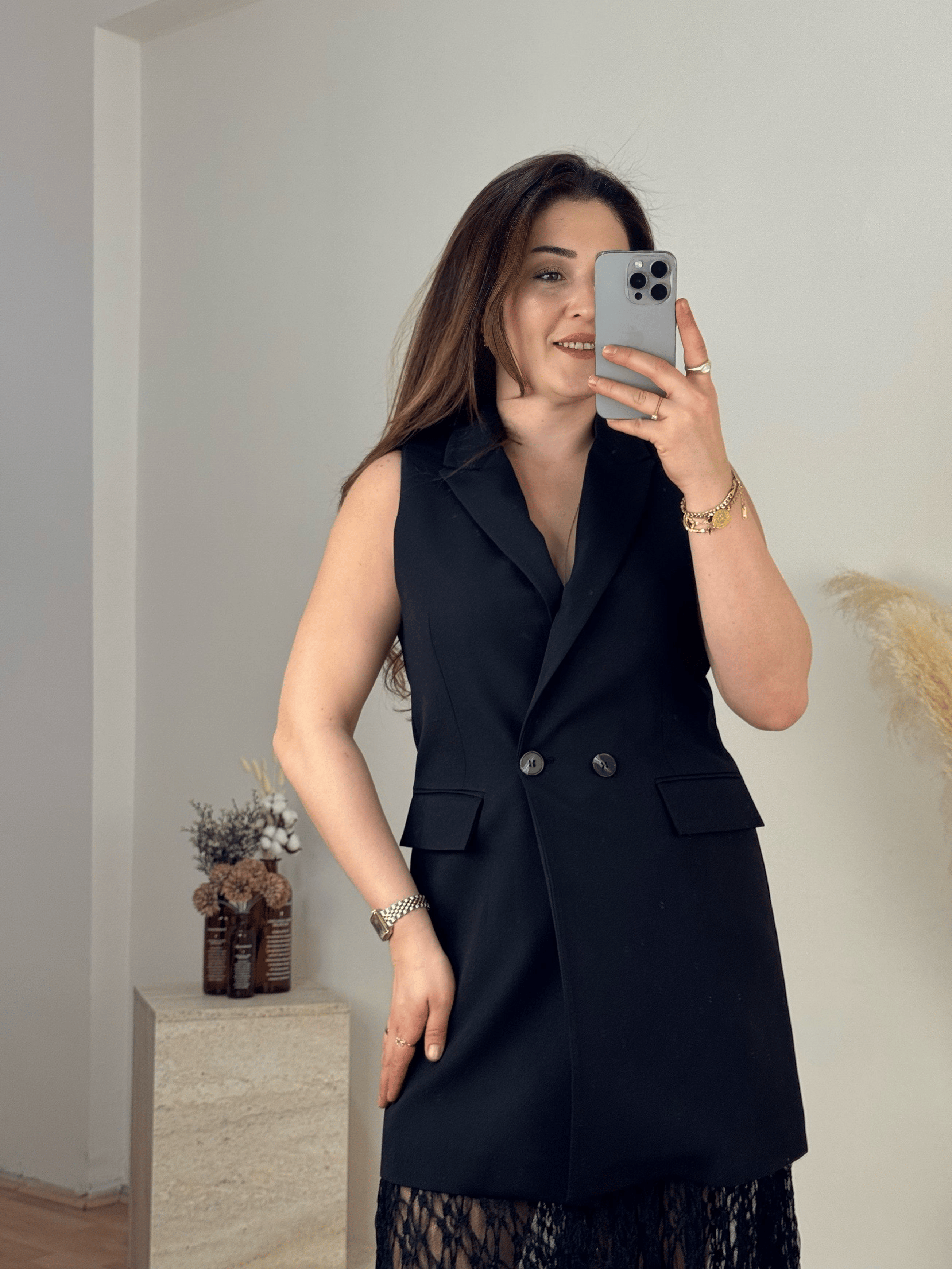 Femmi Kruvaze Yelek Elbise- Siyah