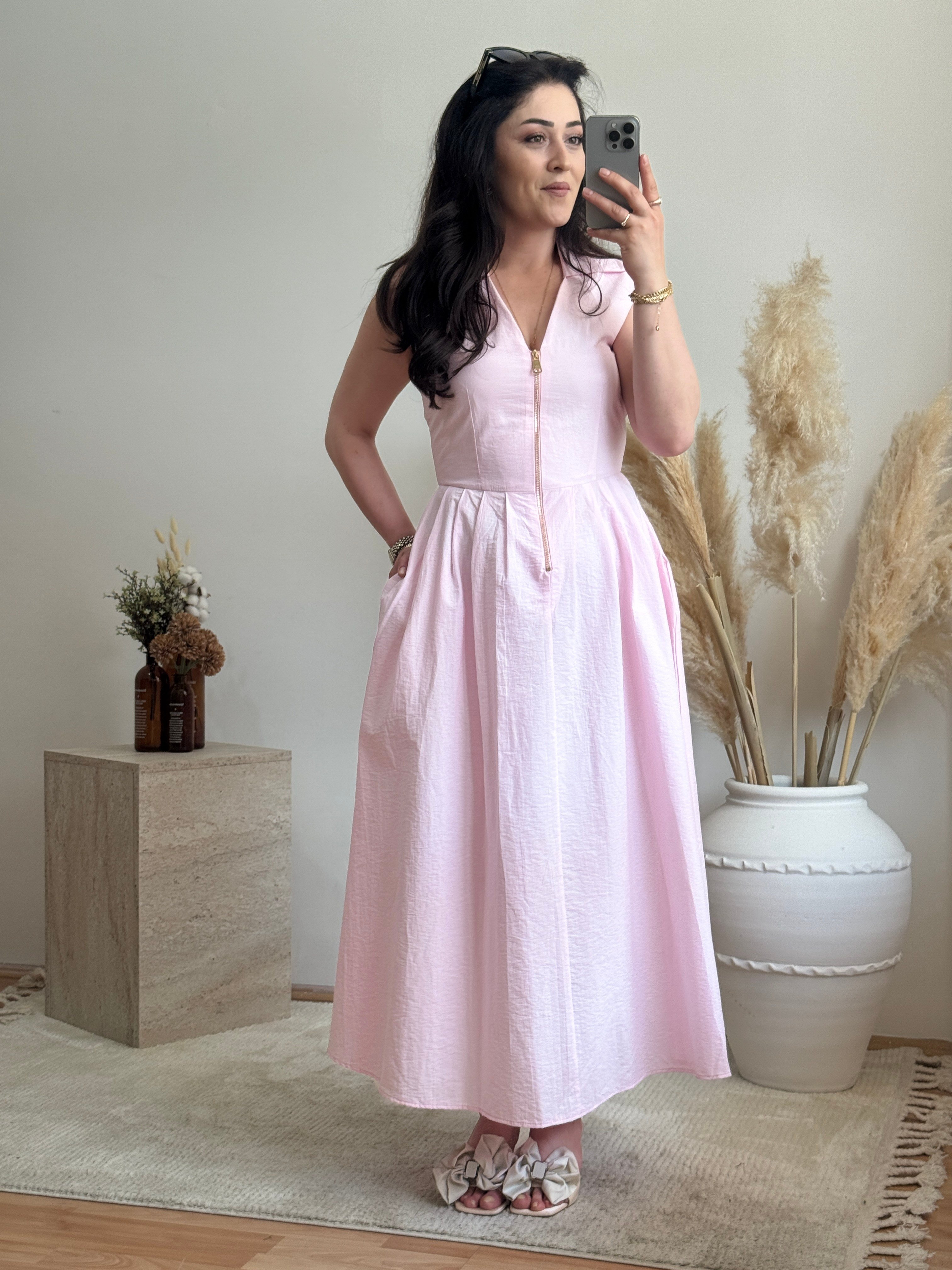 Fermuar Detaylı Midi Elbise-Pembe
