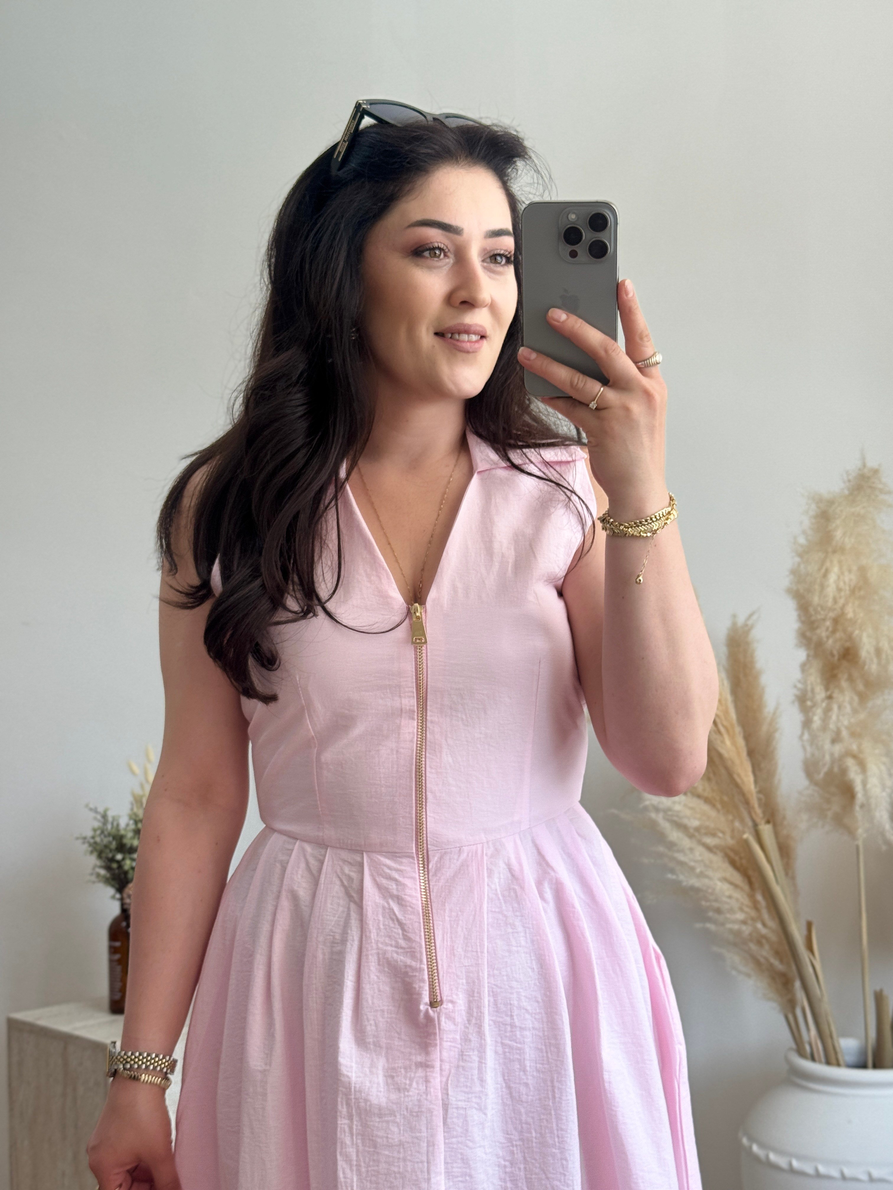 Fermuar Detaylı Midi Elbise-Pembe