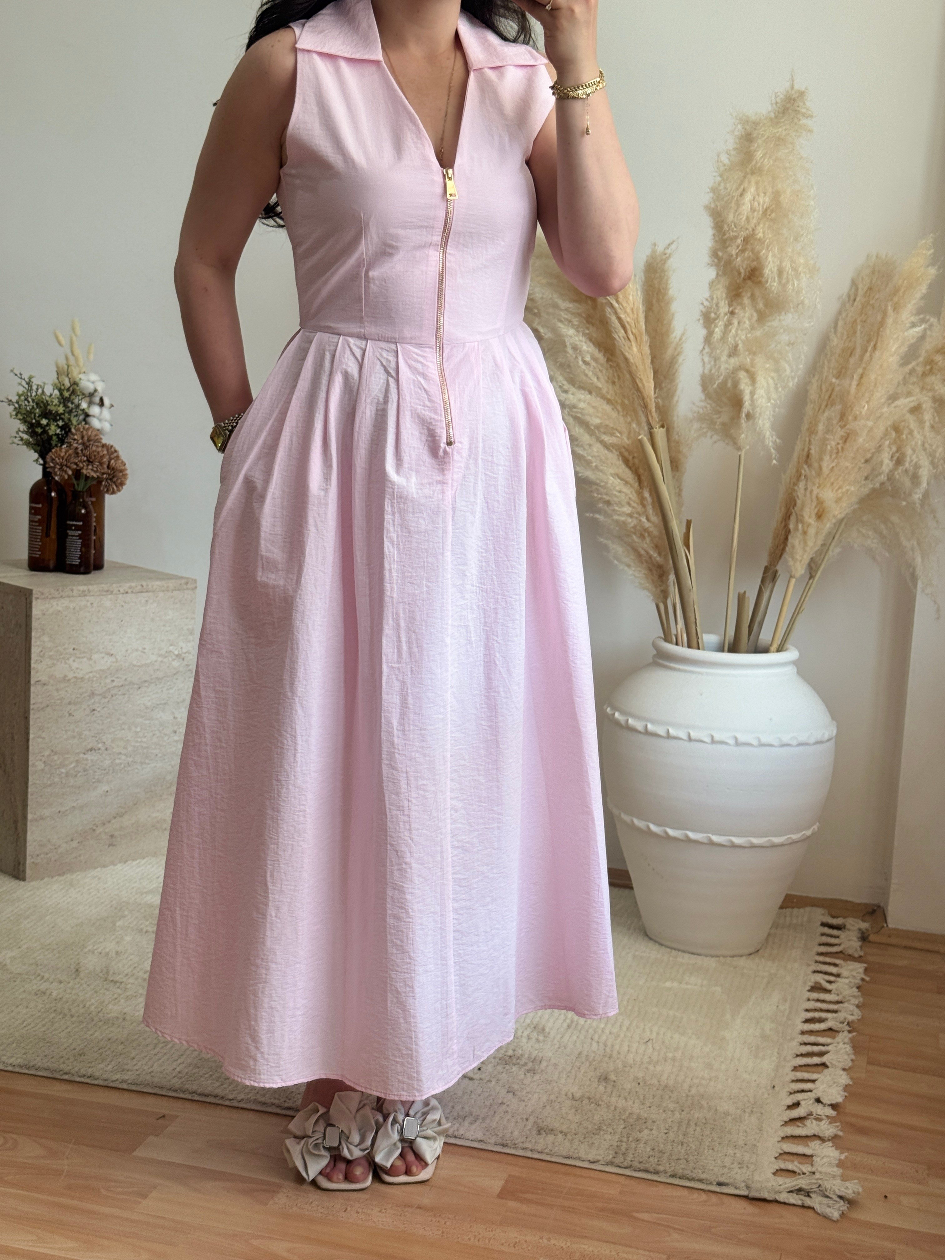 Fermuar Detaylı Midi Elbise-Pembe