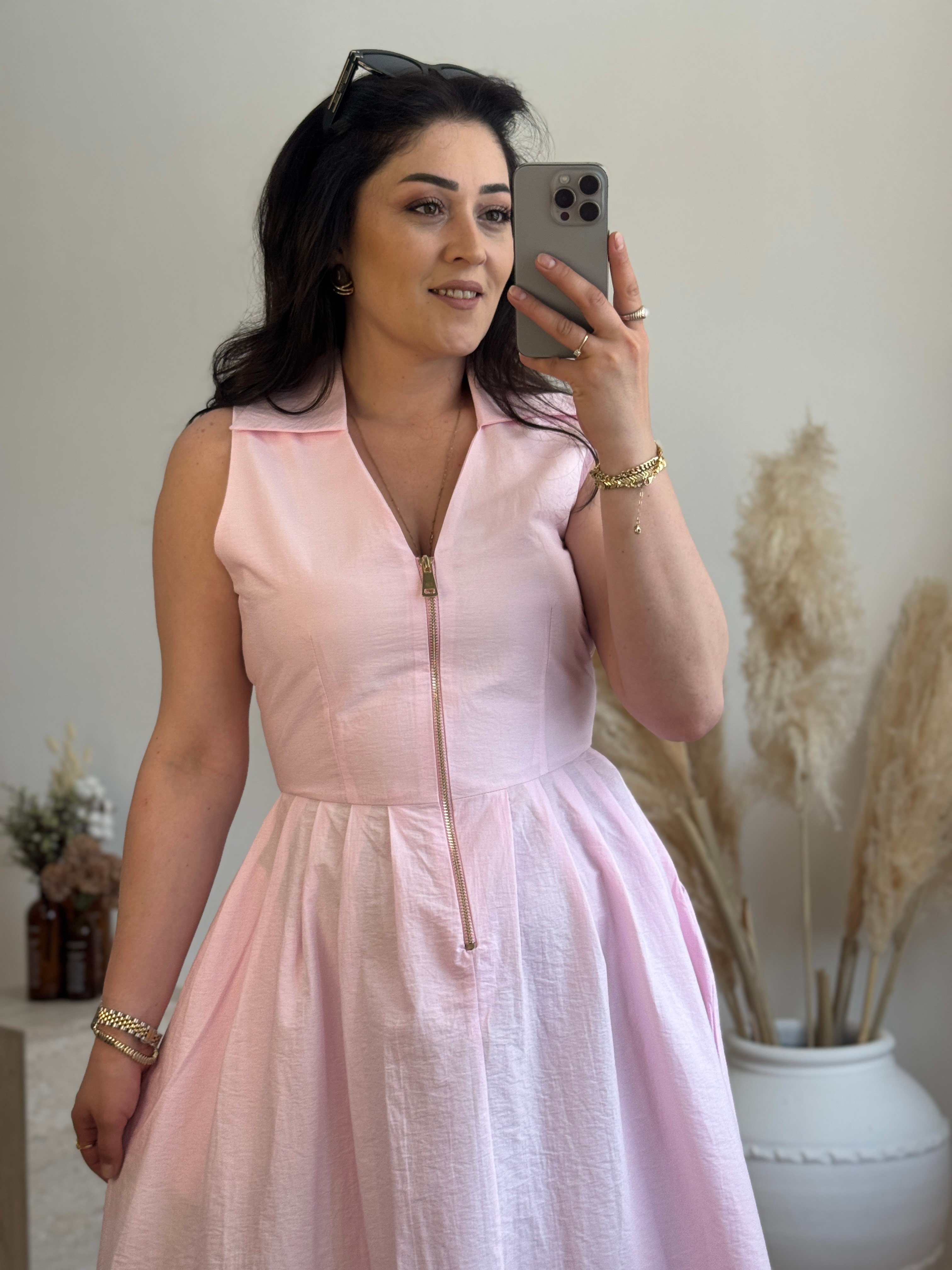 Fermuar Detaylı Midi Elbise-Pembe