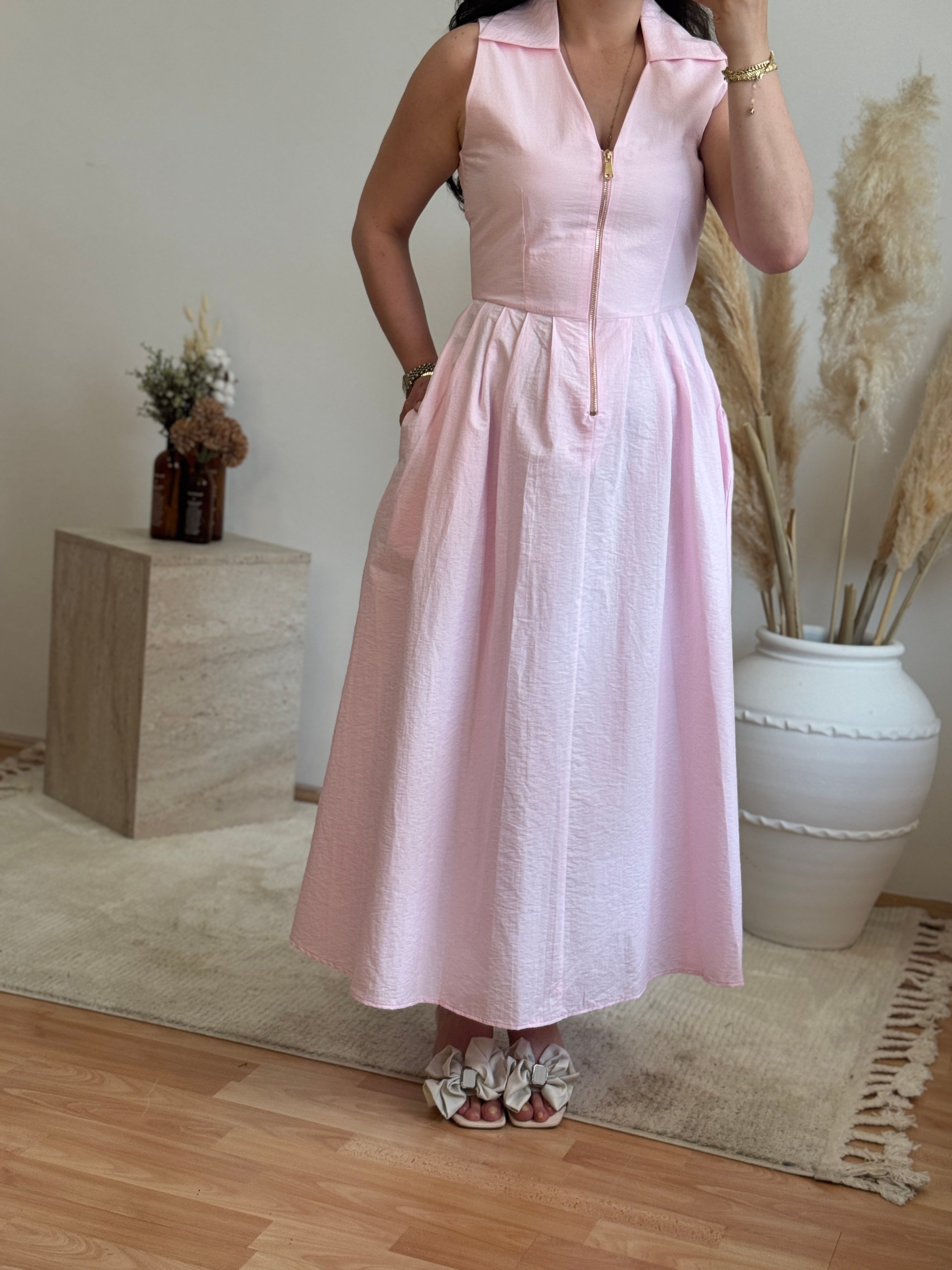 Fermuar Detaylı Midi Elbise-Pembe