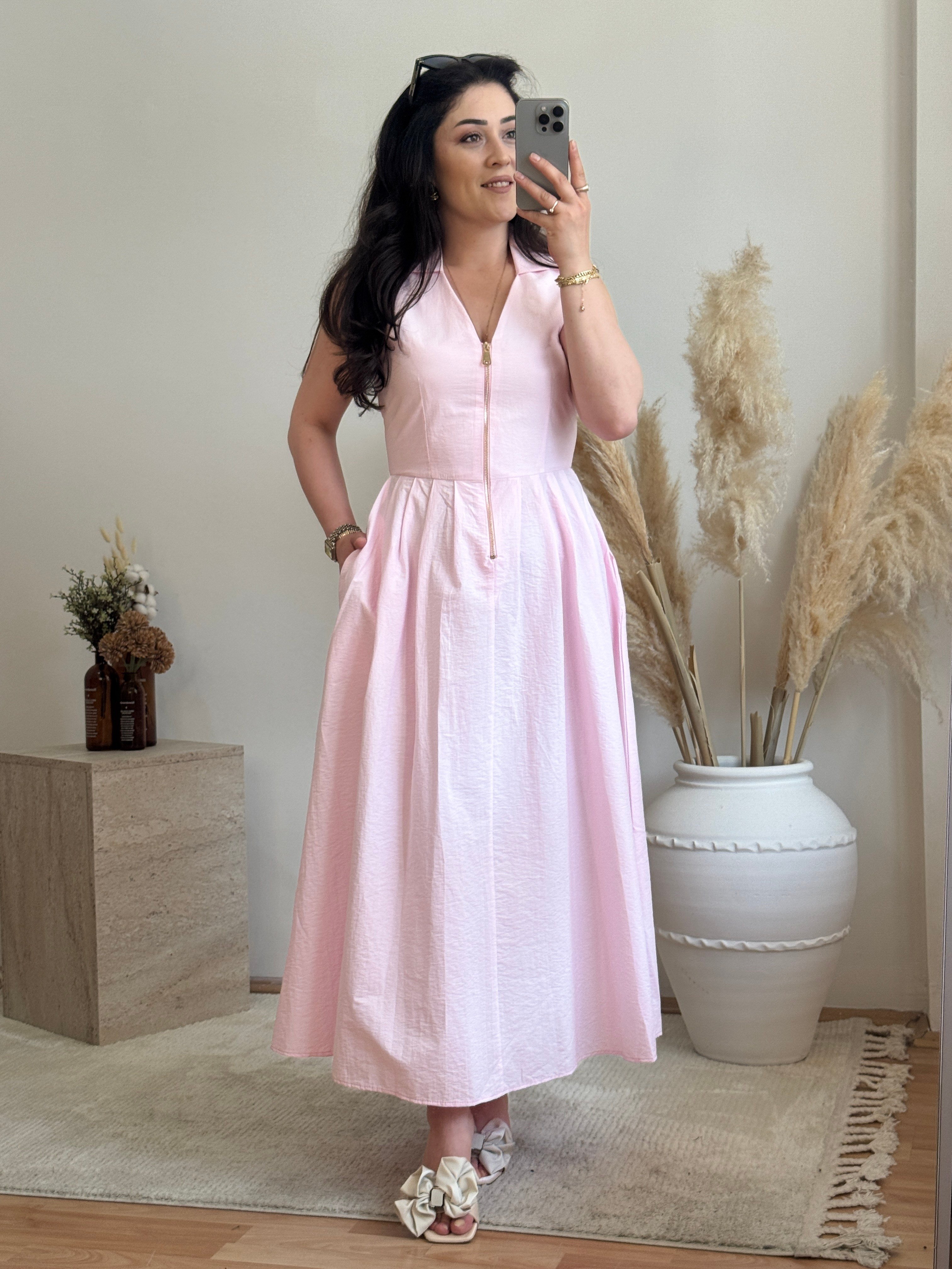 Fermuar Detaylı Midi Elbise-Pembe