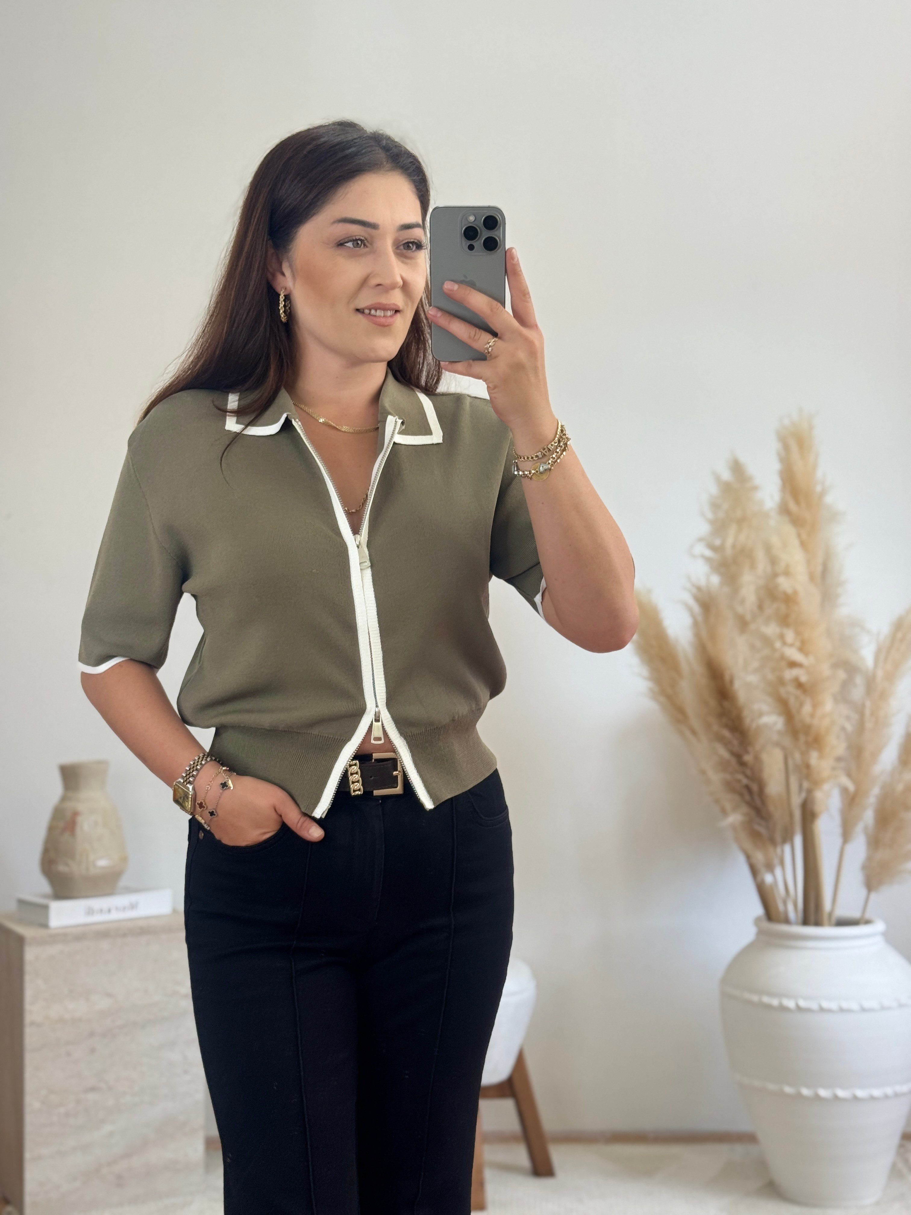 Fermuarlı Polo Yaka Triko-Haki
