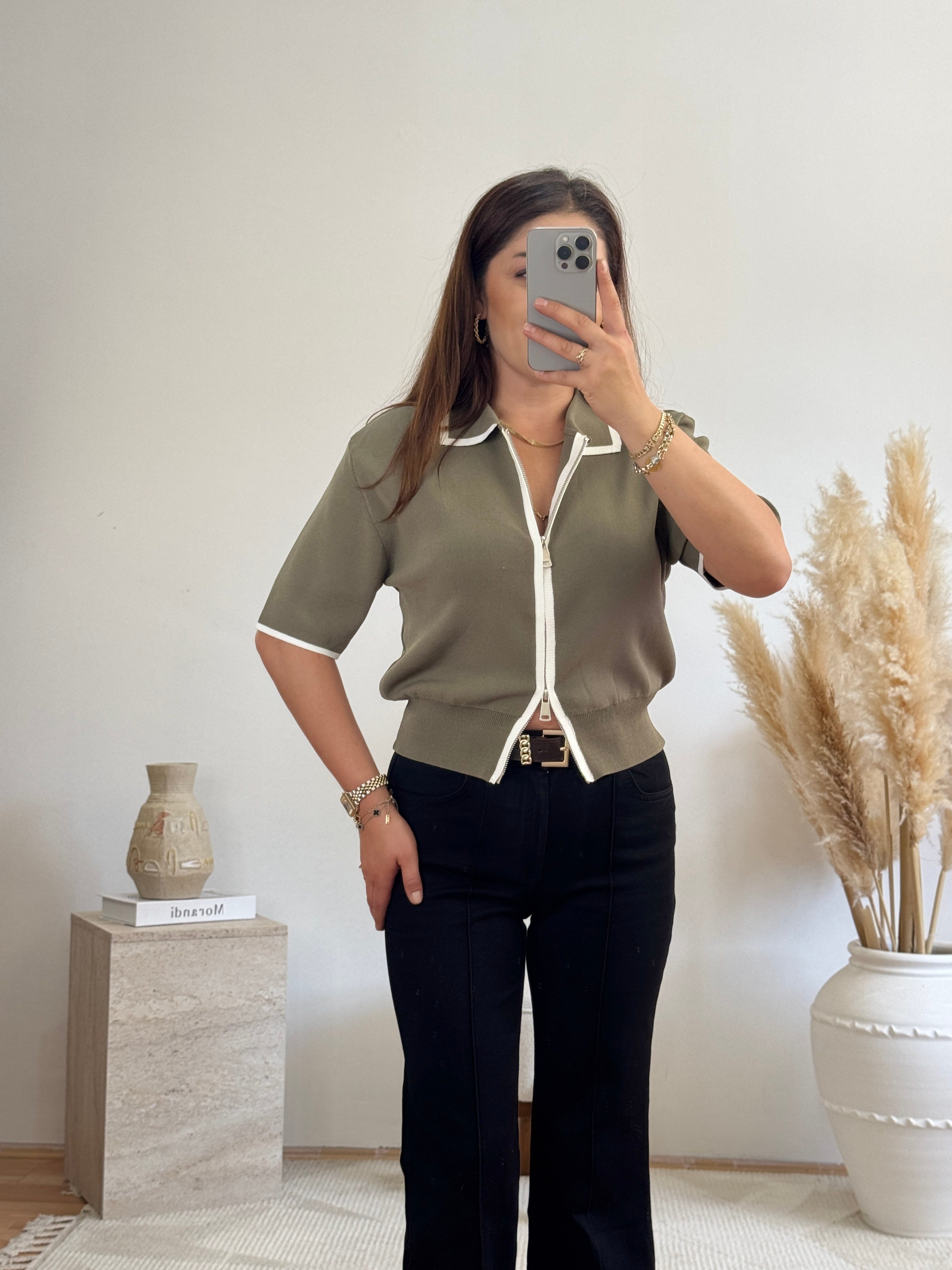 Fermuarlı Polo Yaka Triko-Haki
