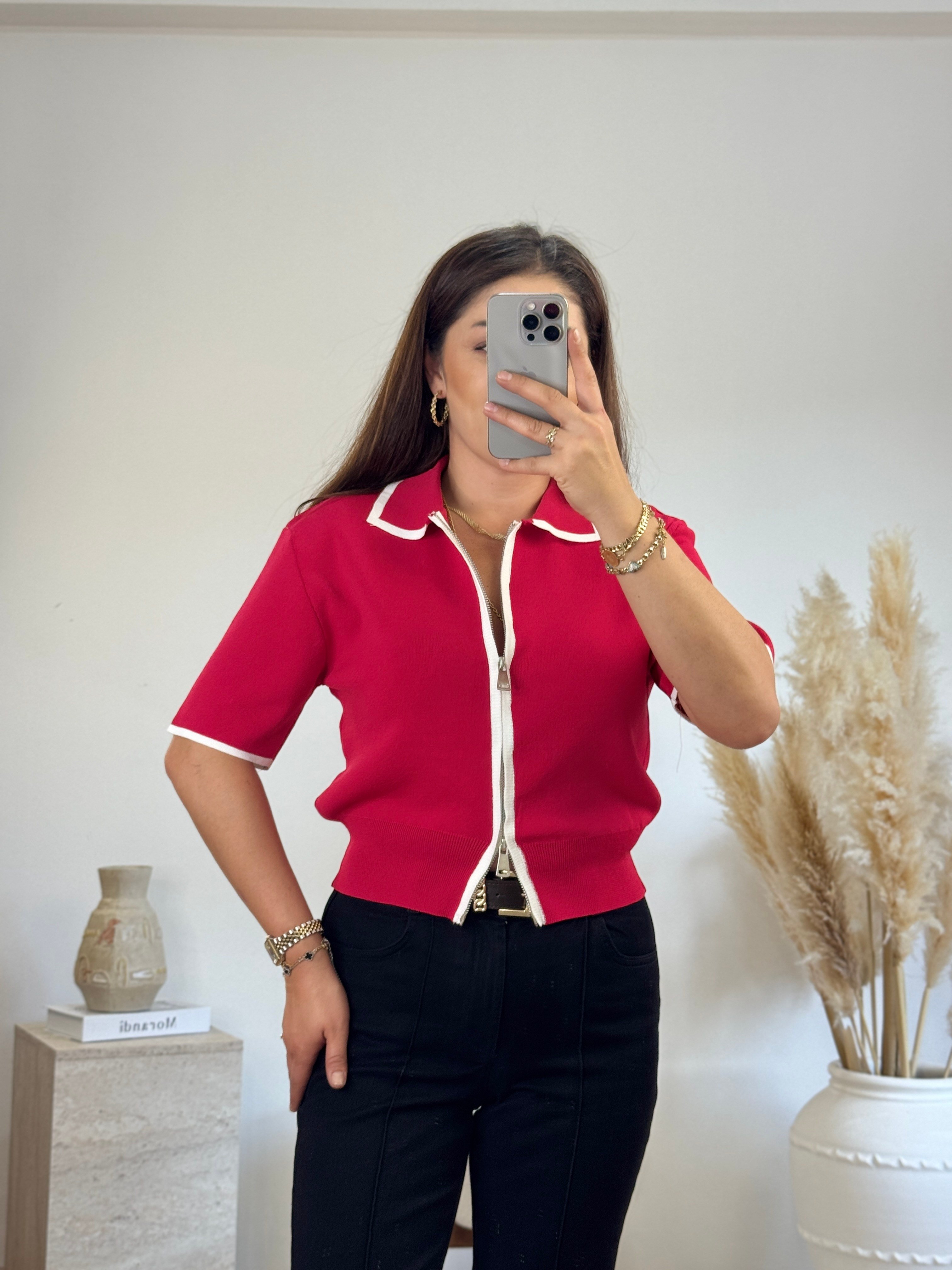 Fermuarlı Polo Yaka Triko-Kırmızı