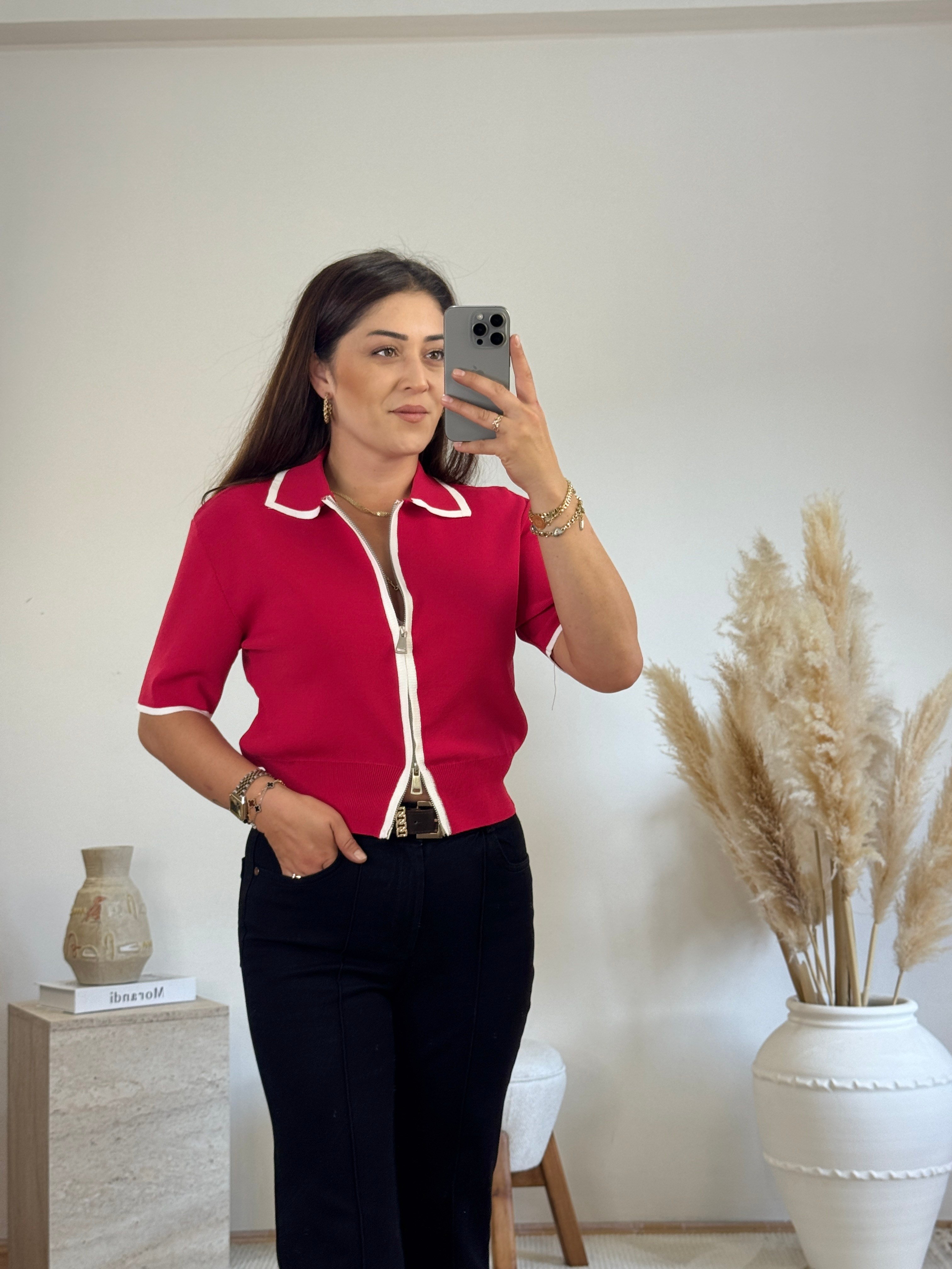 Fermuarlı Polo Yaka Triko-Kırmızı