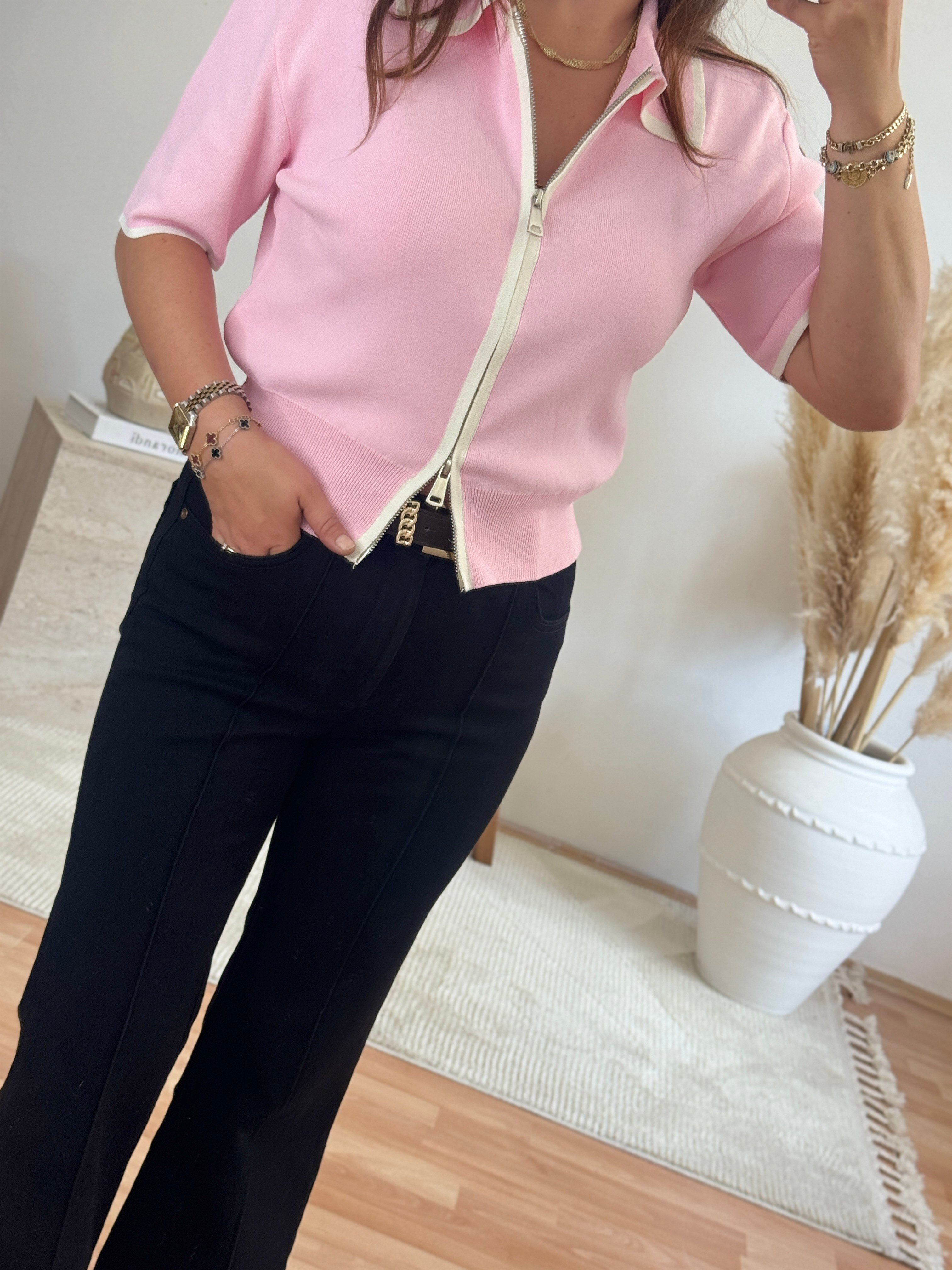 Fermuarlı Polo Yaka Triko-Pembe