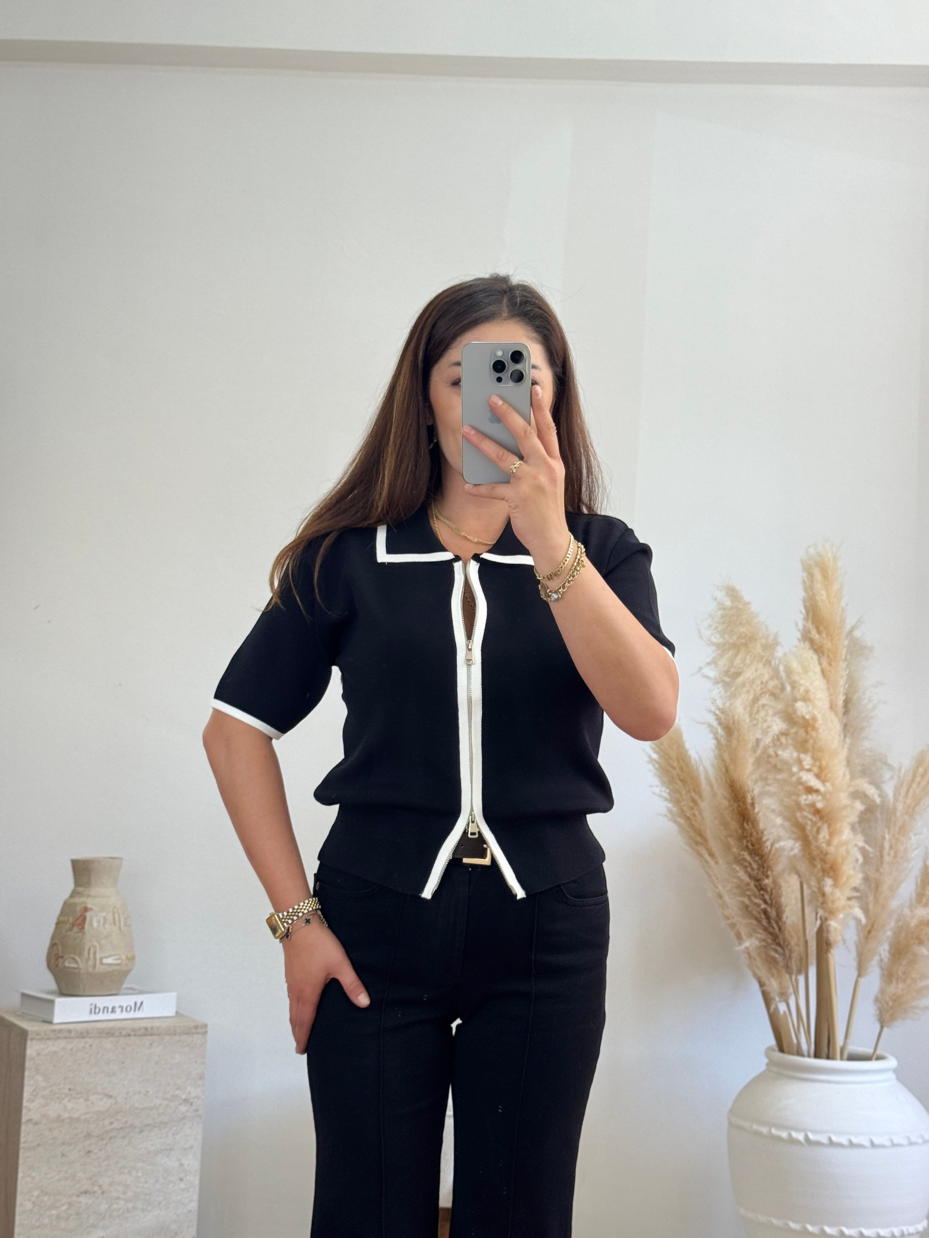 Fermuarlı Polo Yaka Triko-Siyah