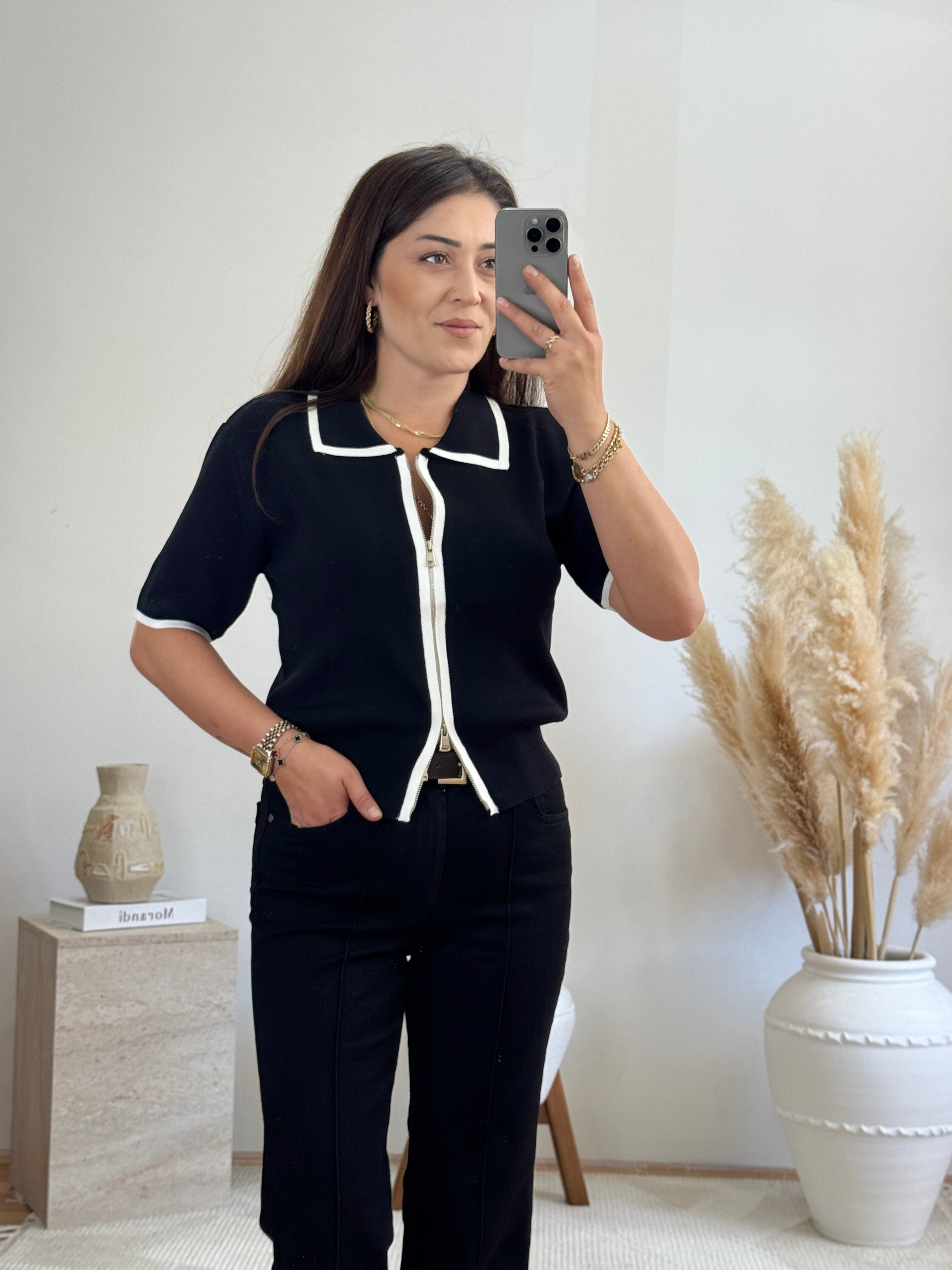 Fermuarlı Polo Yaka Triko-Siyah