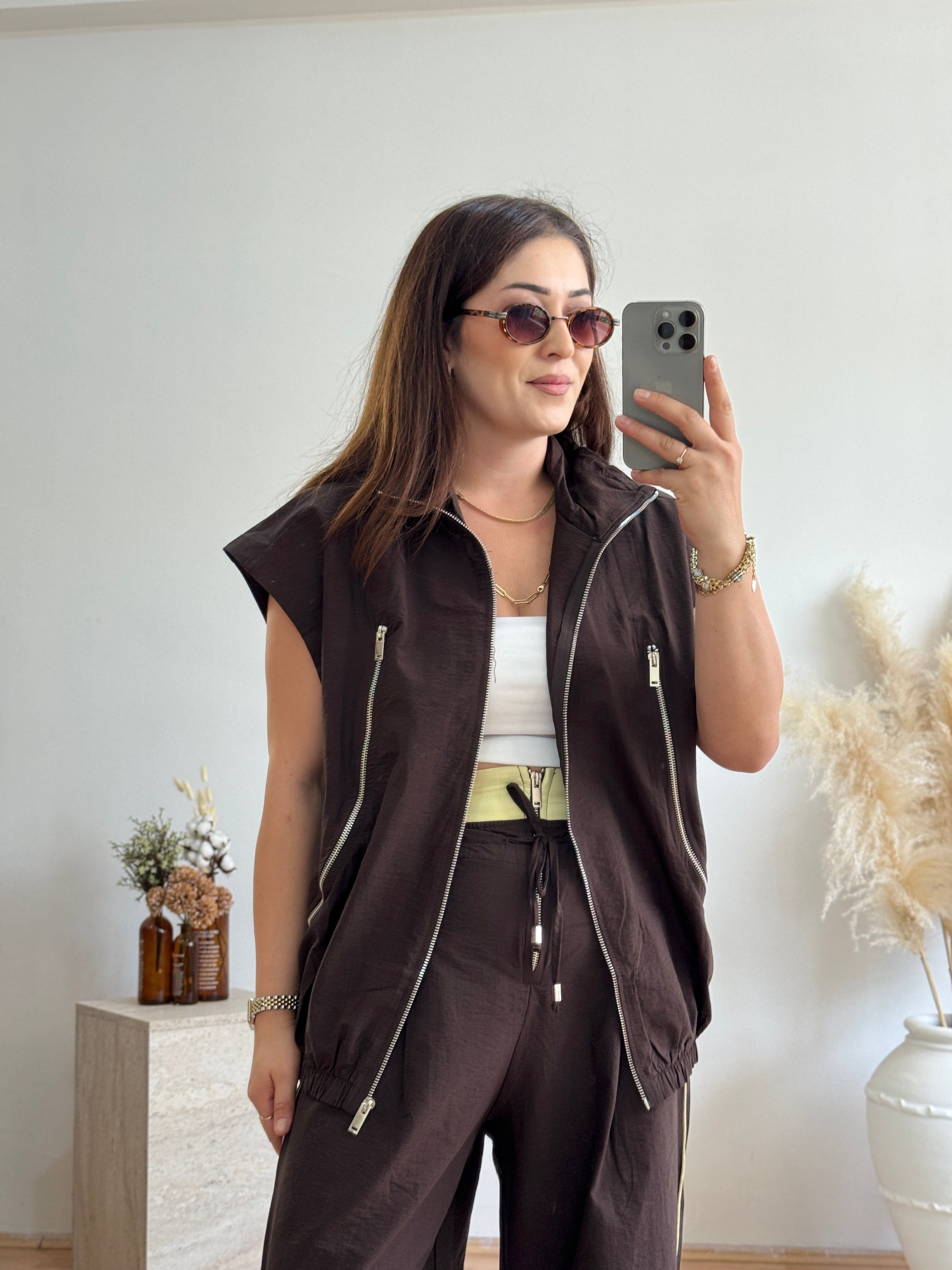 Fermuarlı Yelekli Pantolon Takım-Kahve