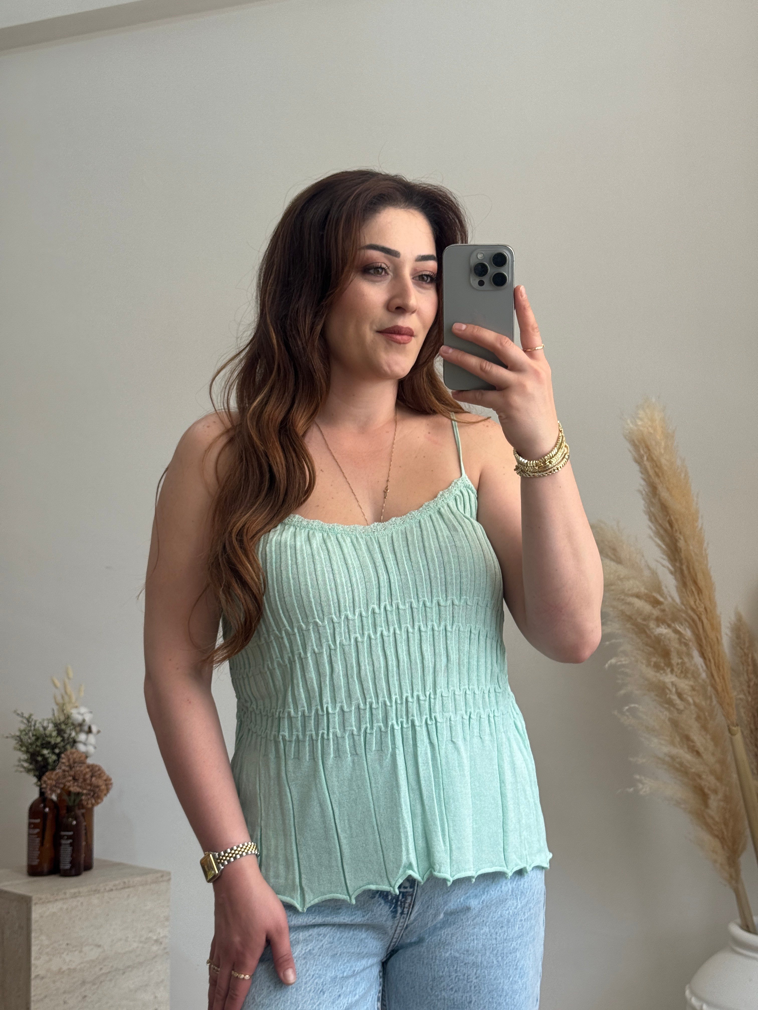 Fitilli Askılı Triko Bluz-Mint 