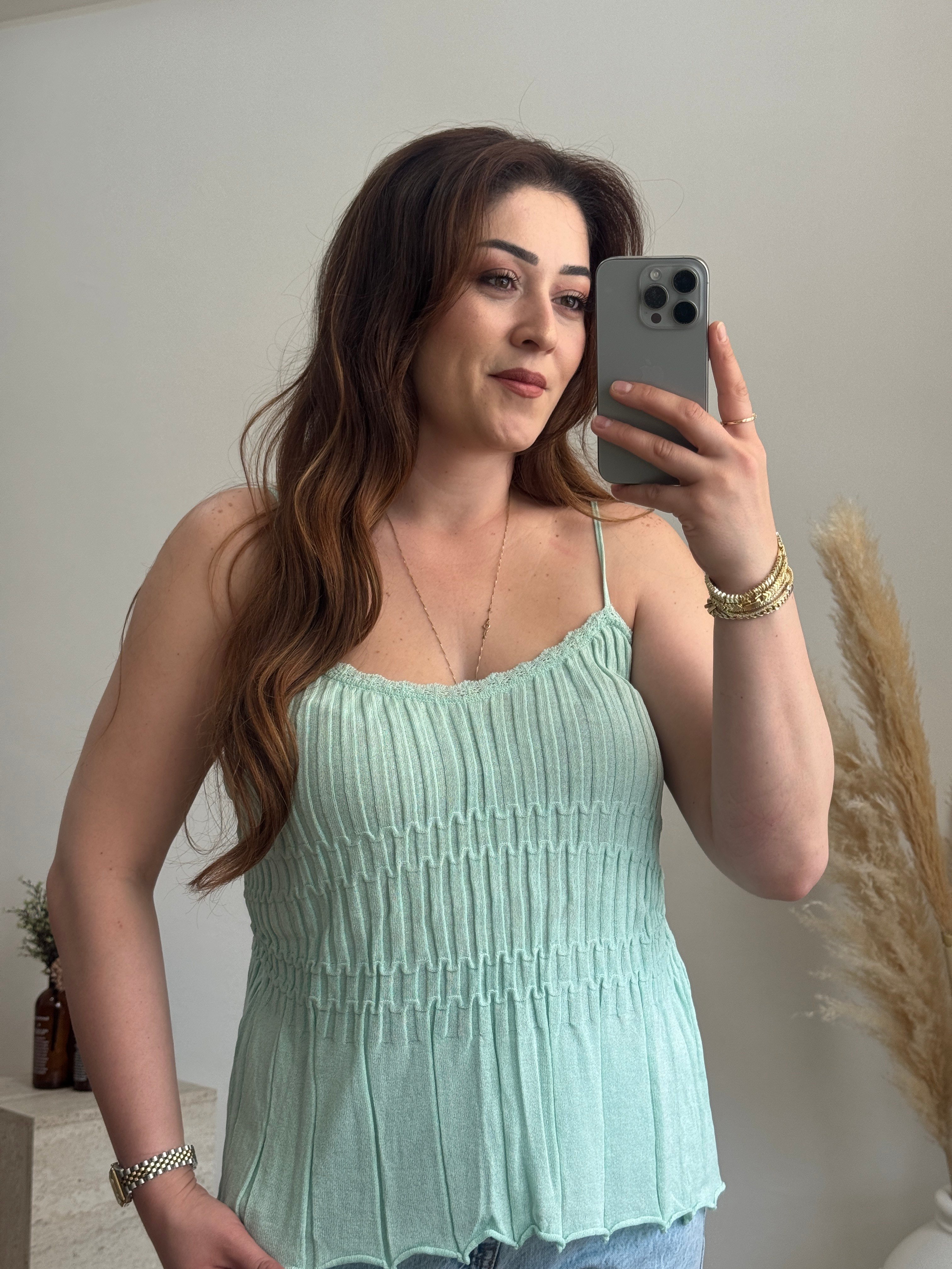Fitilli Askılı Triko Bluz-Mint 