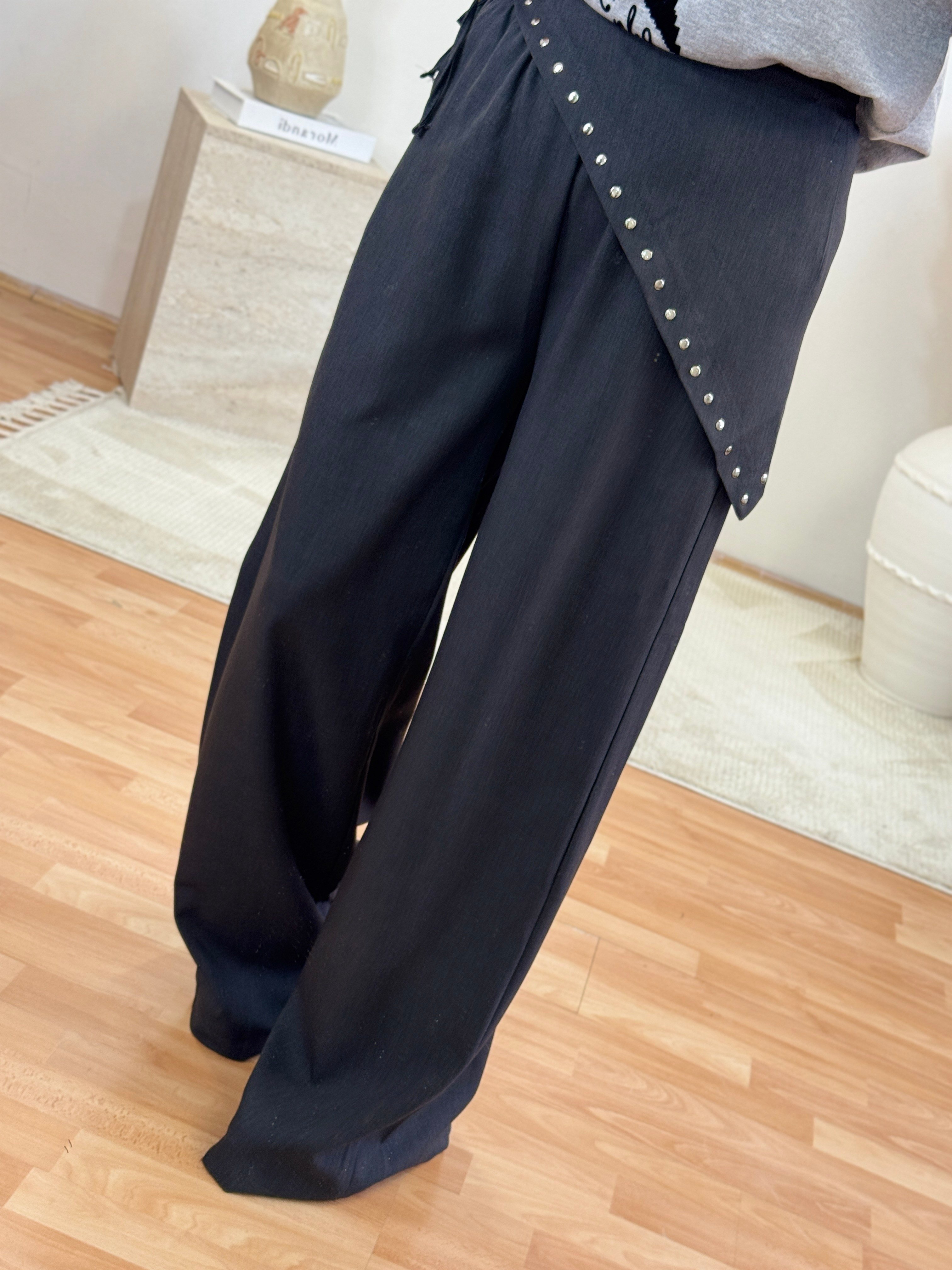 Fular Bağlamalı Bol Paça Pantolon-Antrasit