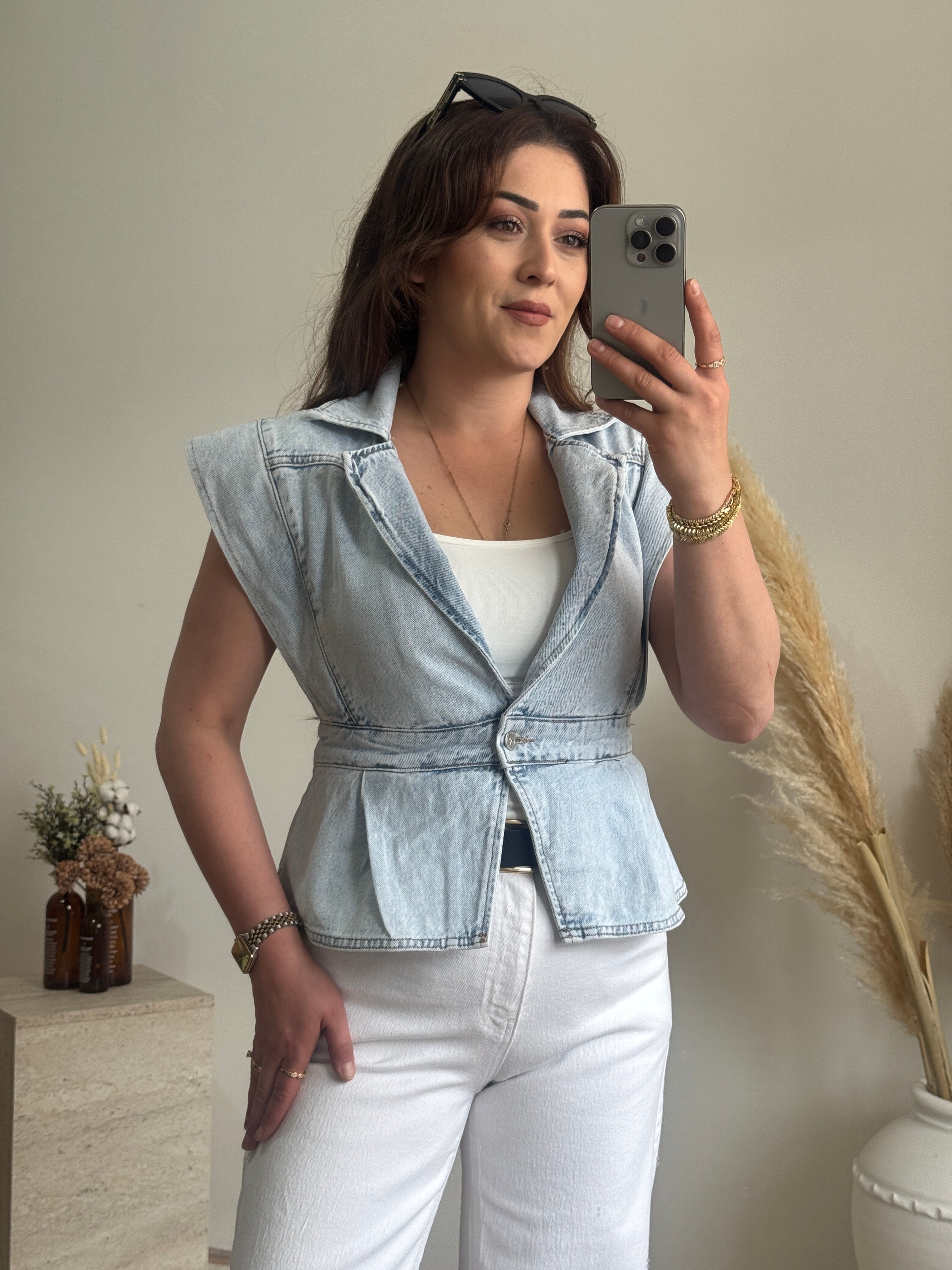 Kar Yıkama Denim Yelek Açık Mavi