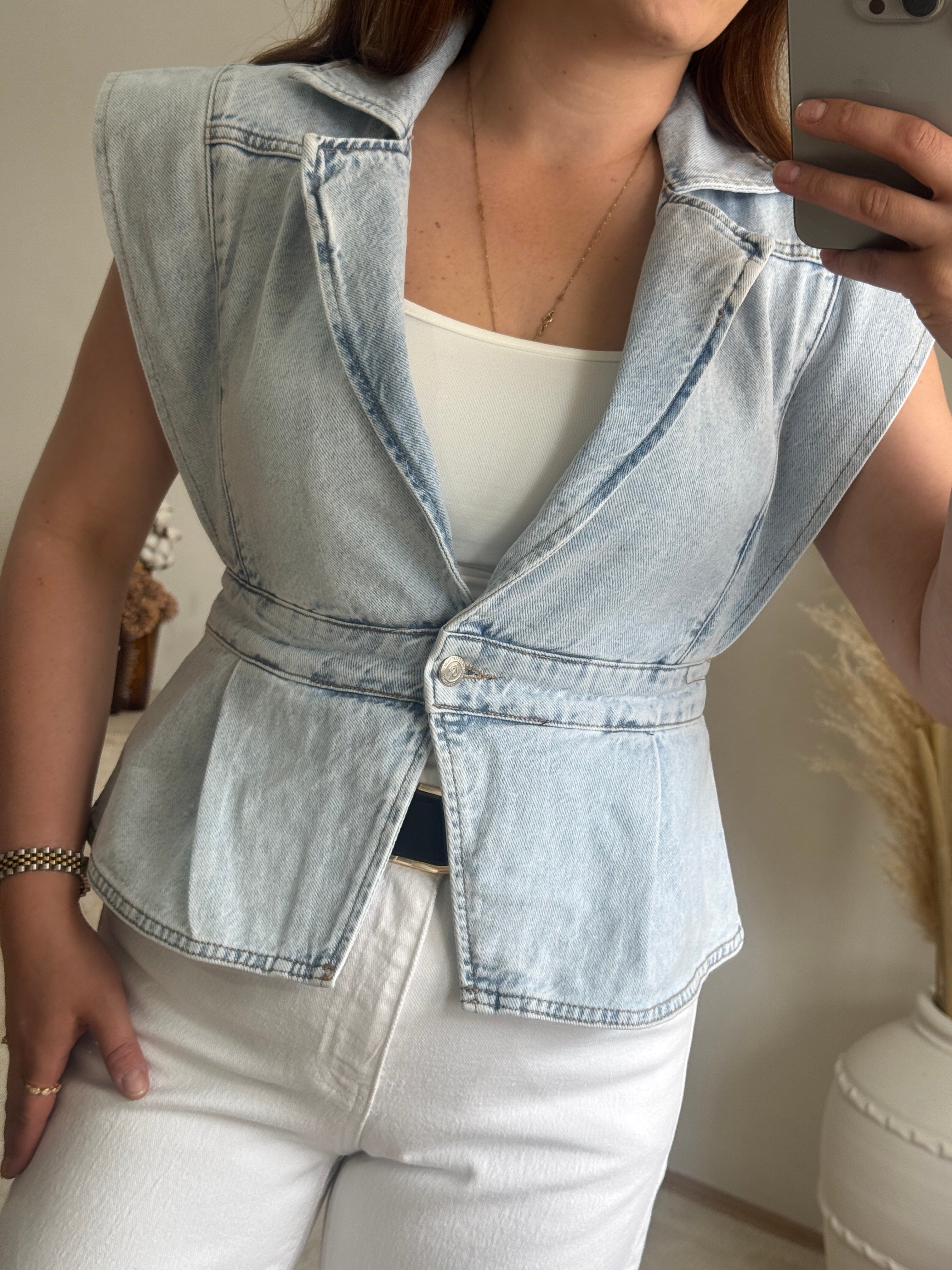 Kar Yıkama Denim Yelek Açık Mavi