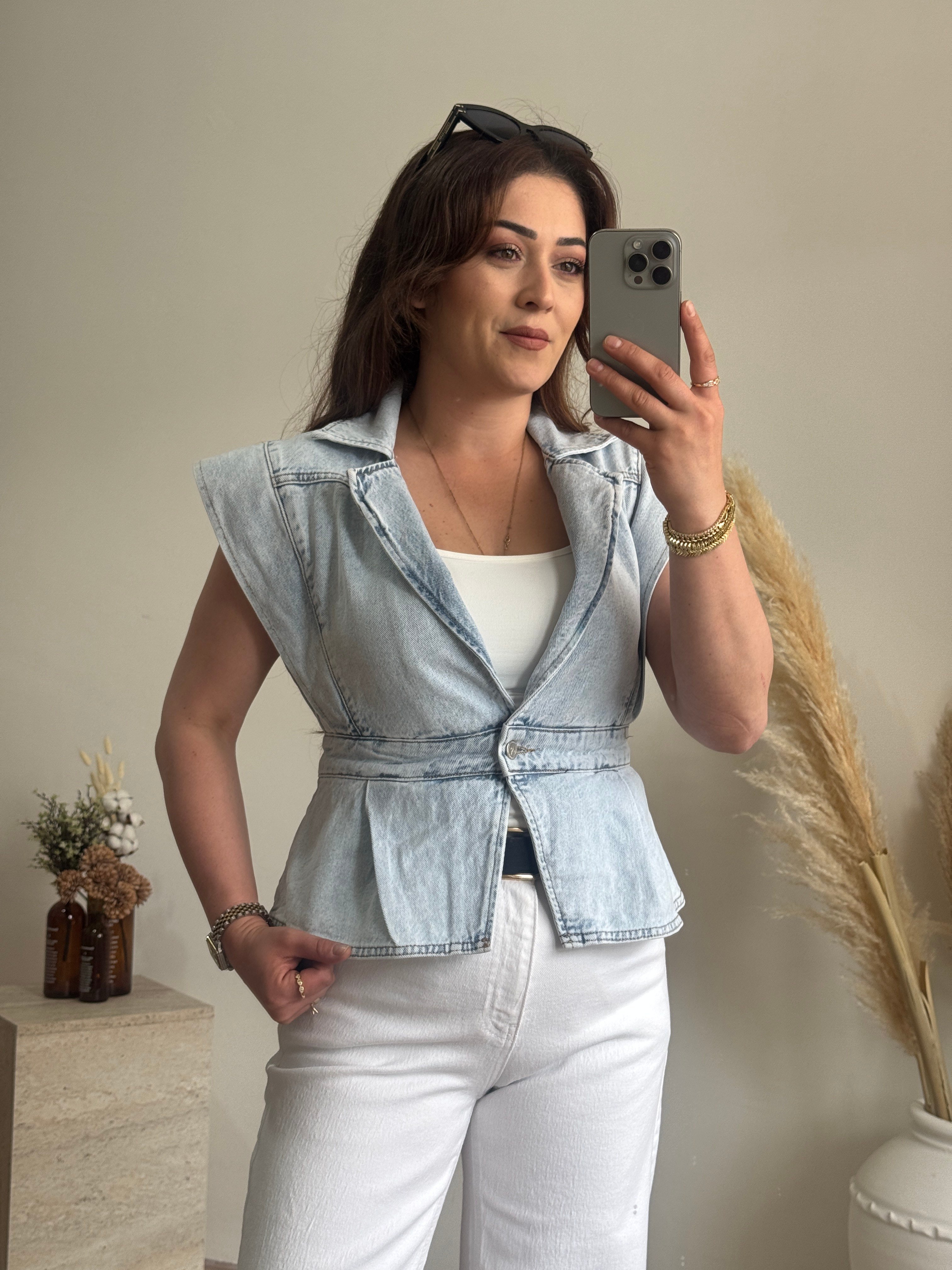Kar Yıkama Denim Yelek Açık Mavi