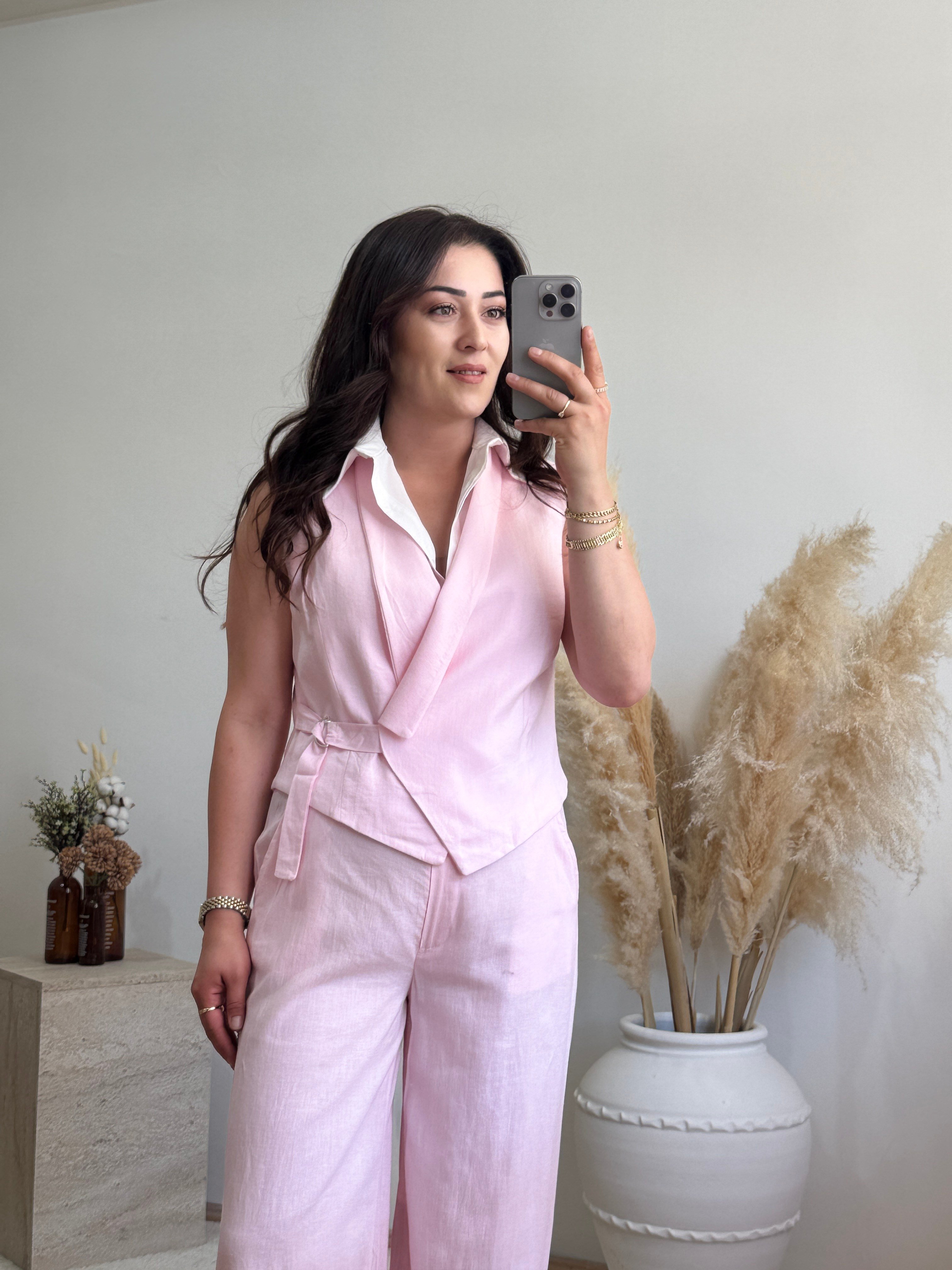 Kendinden Gömlek Detaylı Keten Görünümlü Yelek Pantolon Takım-Pembe