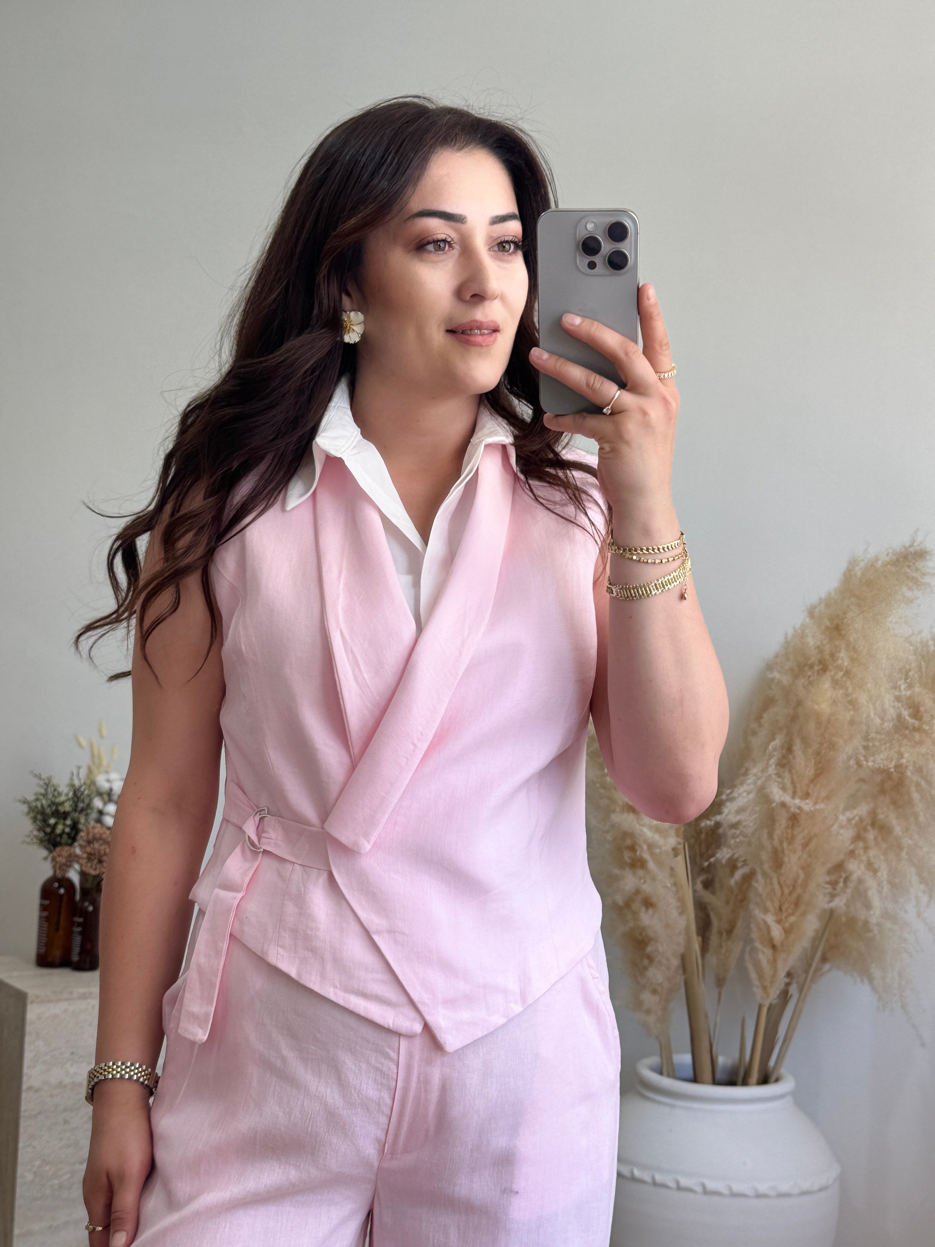 Kendinden Gömlek Detaylı Keten Görünümlü Yelek Pantolon Takım-Pembe