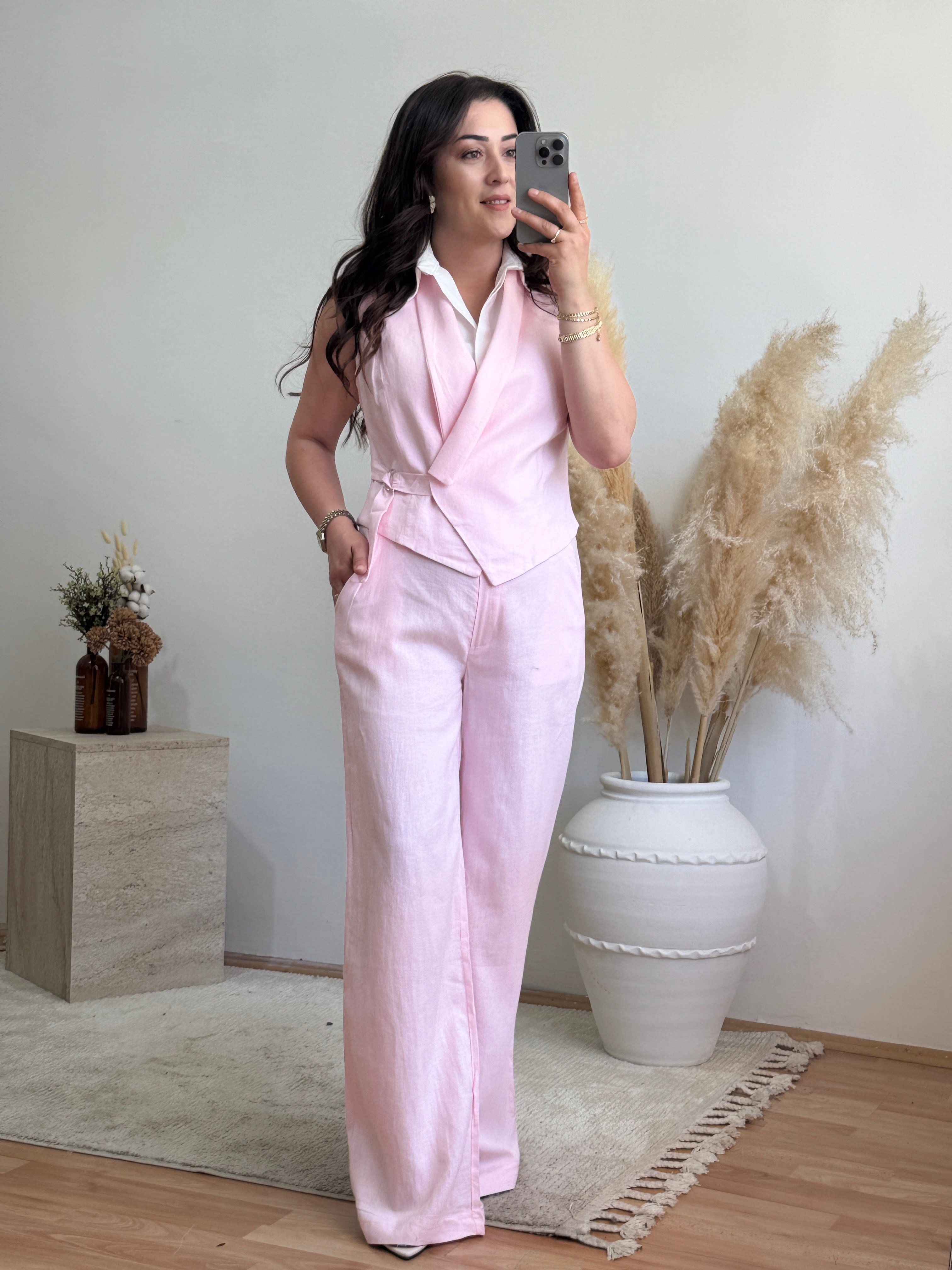 Kendinden Gömlek Detaylı Keten Görünümlü Yelek Pantolon Takım-Pembe