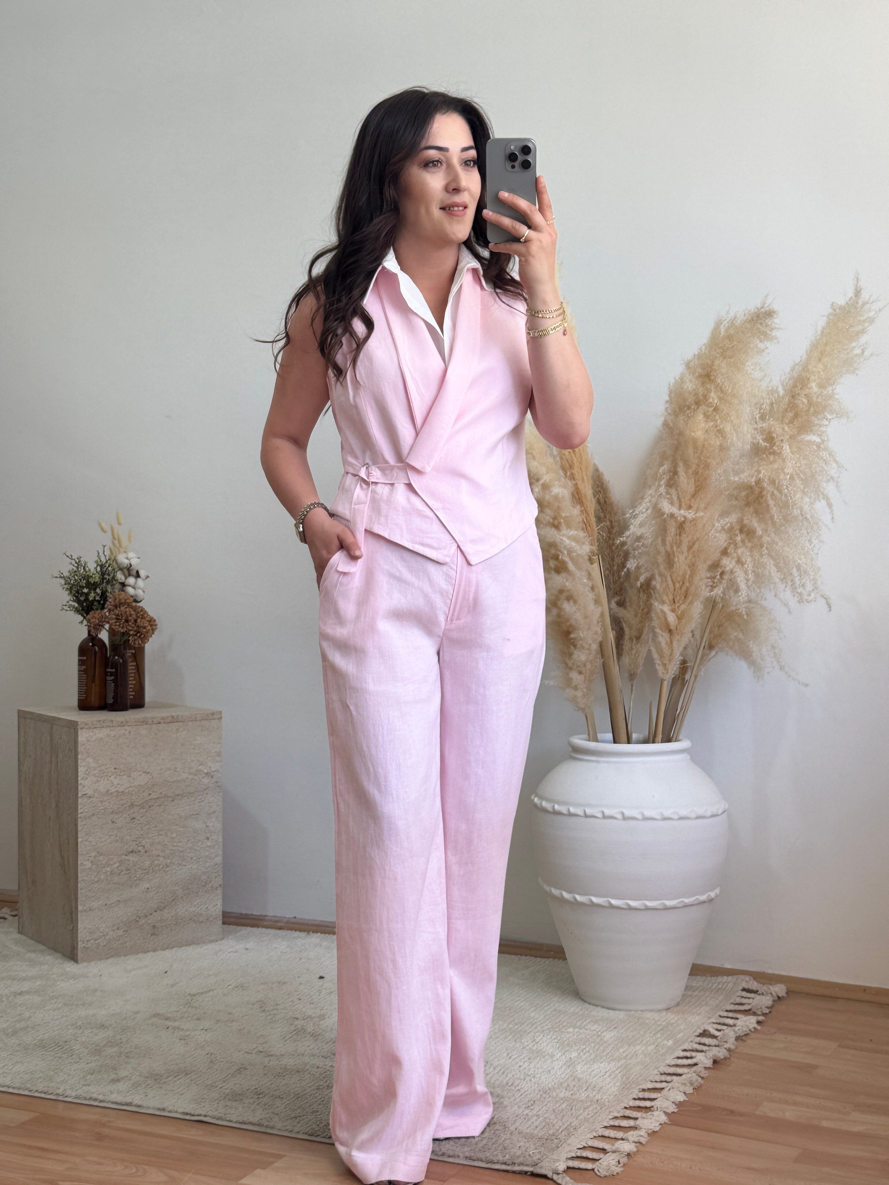 Kendinden Gömlek Detaylı Keten Görünümlü Yelek Pantolon Takım-Pembe