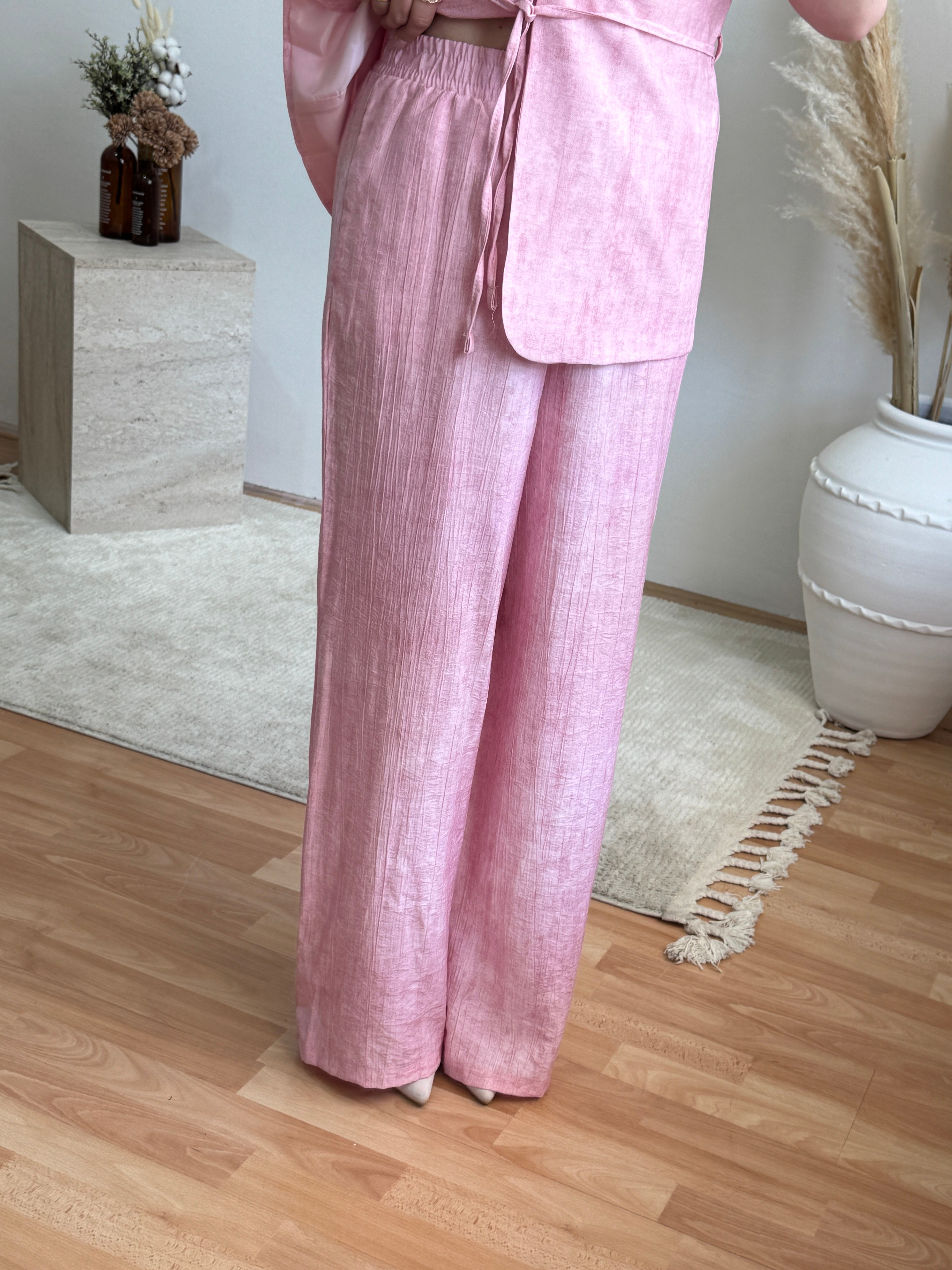 Keten Görünümlü Yelek Pantolon Takım-Pembe