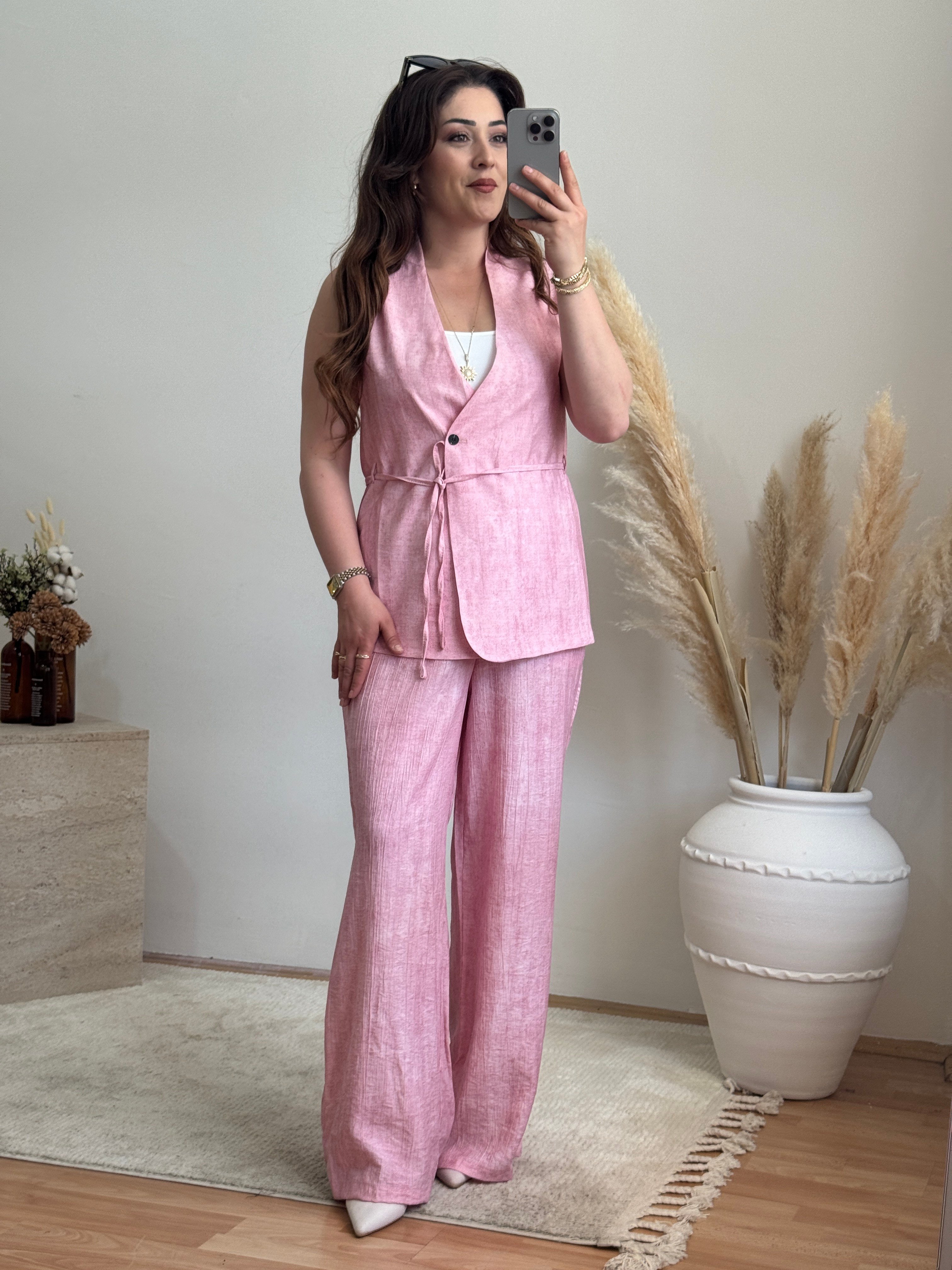 Keten Görünümlü Yelek Pantolon Takım-Pembe