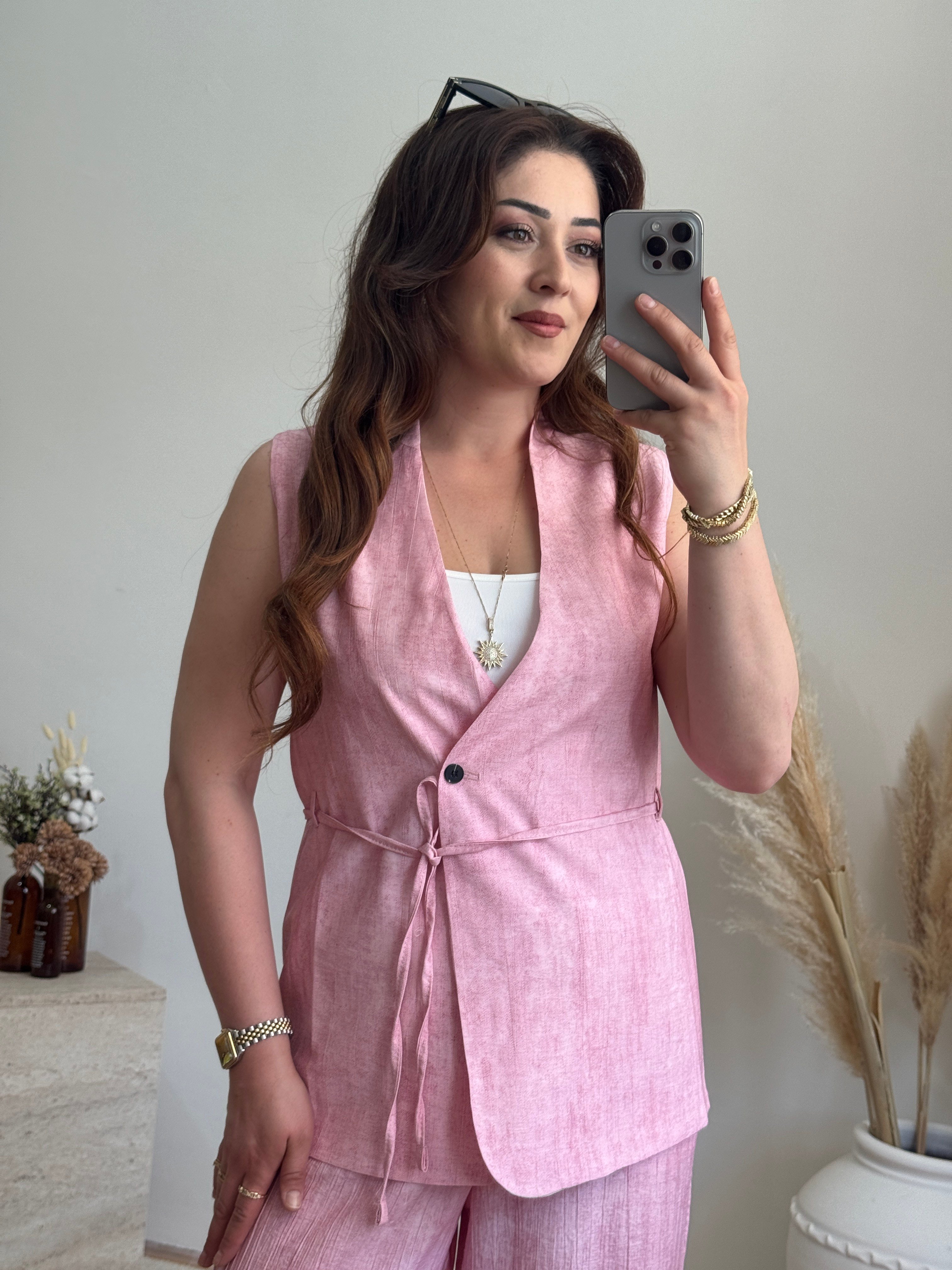 Keten Görünümlü Yelek Pantolon Takım-Pembe