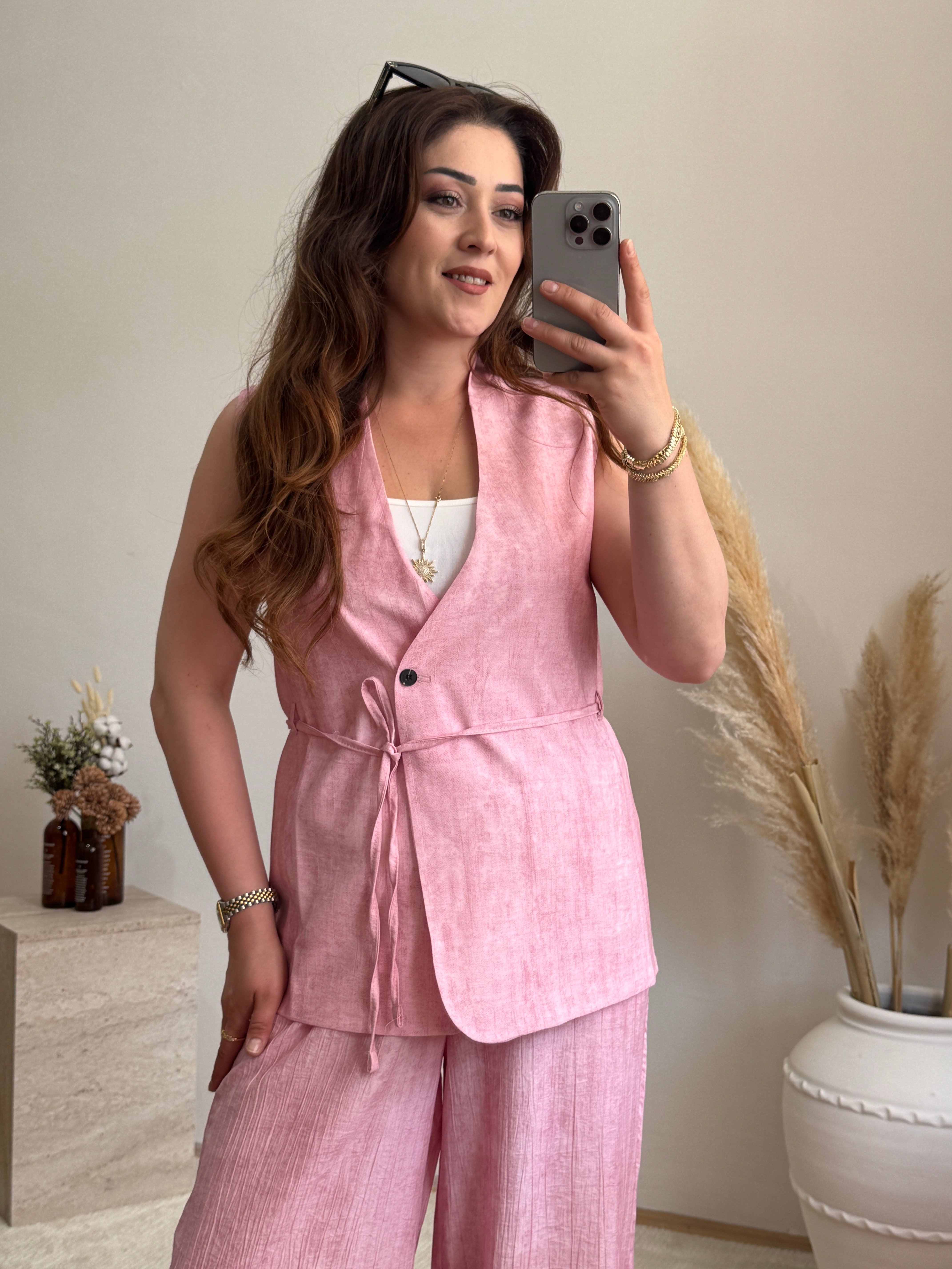 Keten Görünümlü Yelek Pantolon Takım-Pembe