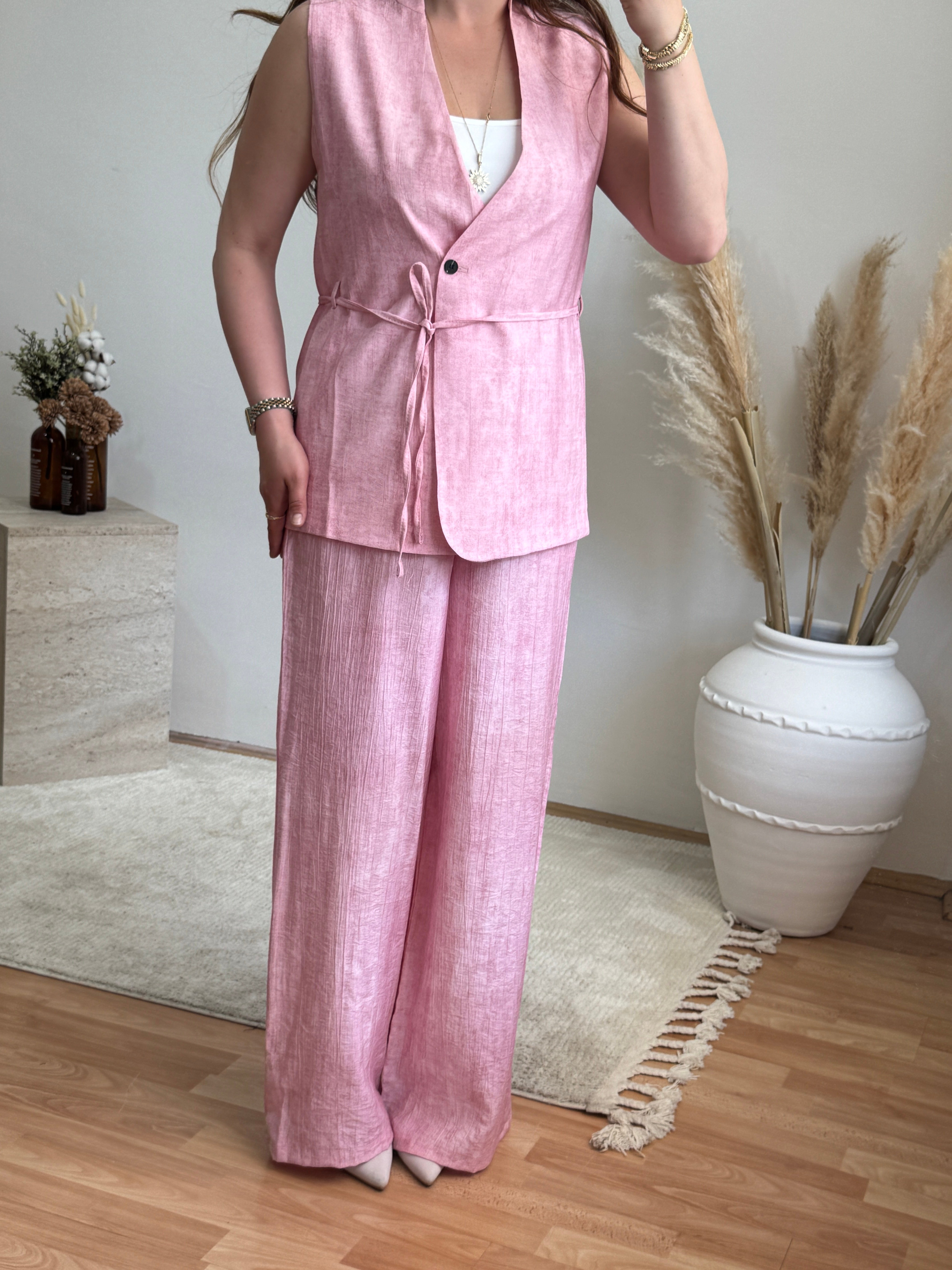 Keten Görünümlü Yelek Pantolon Takım-Pembe