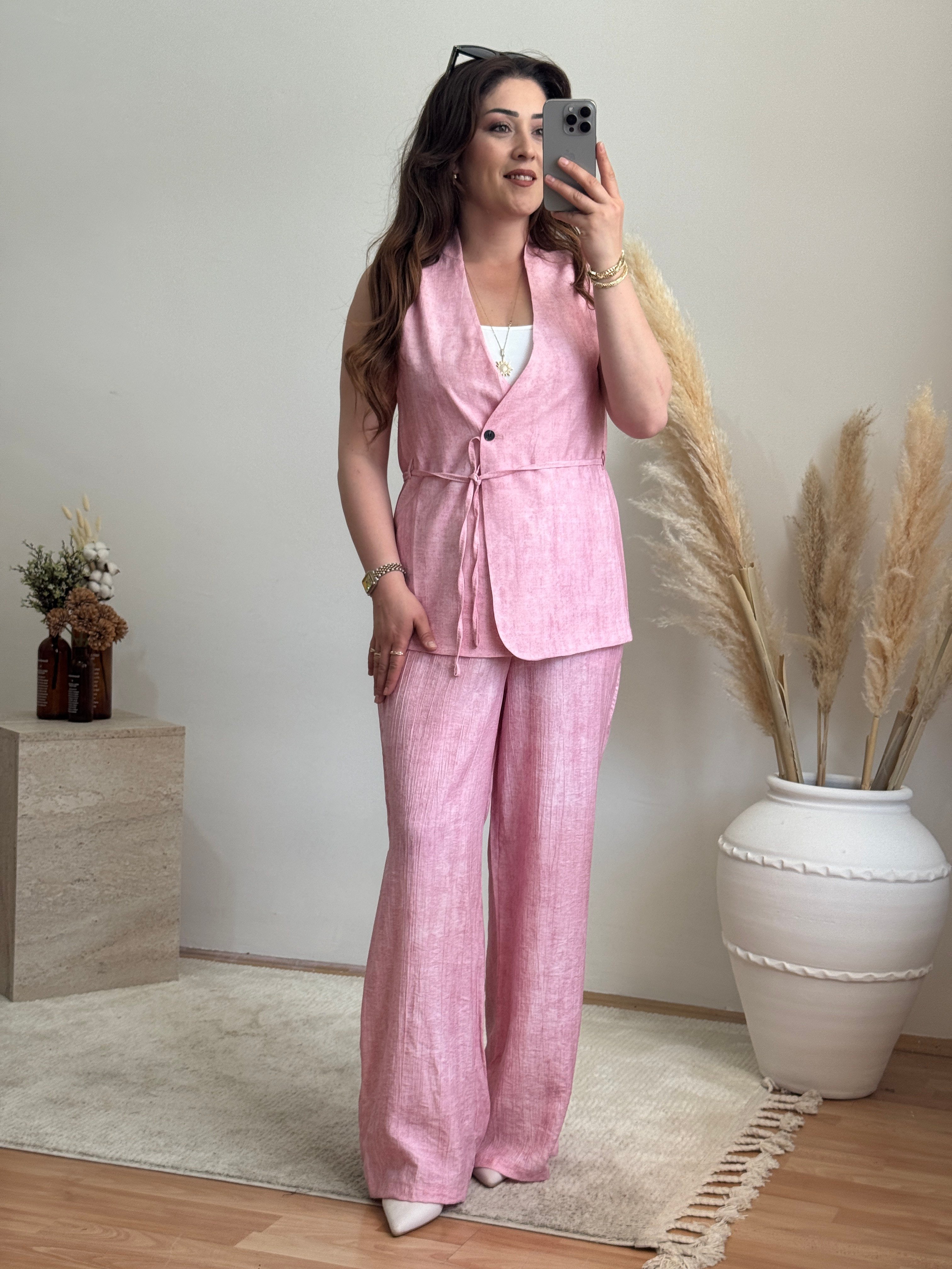 Keten Görünümlü Yelek Pantolon Takım-Pembe