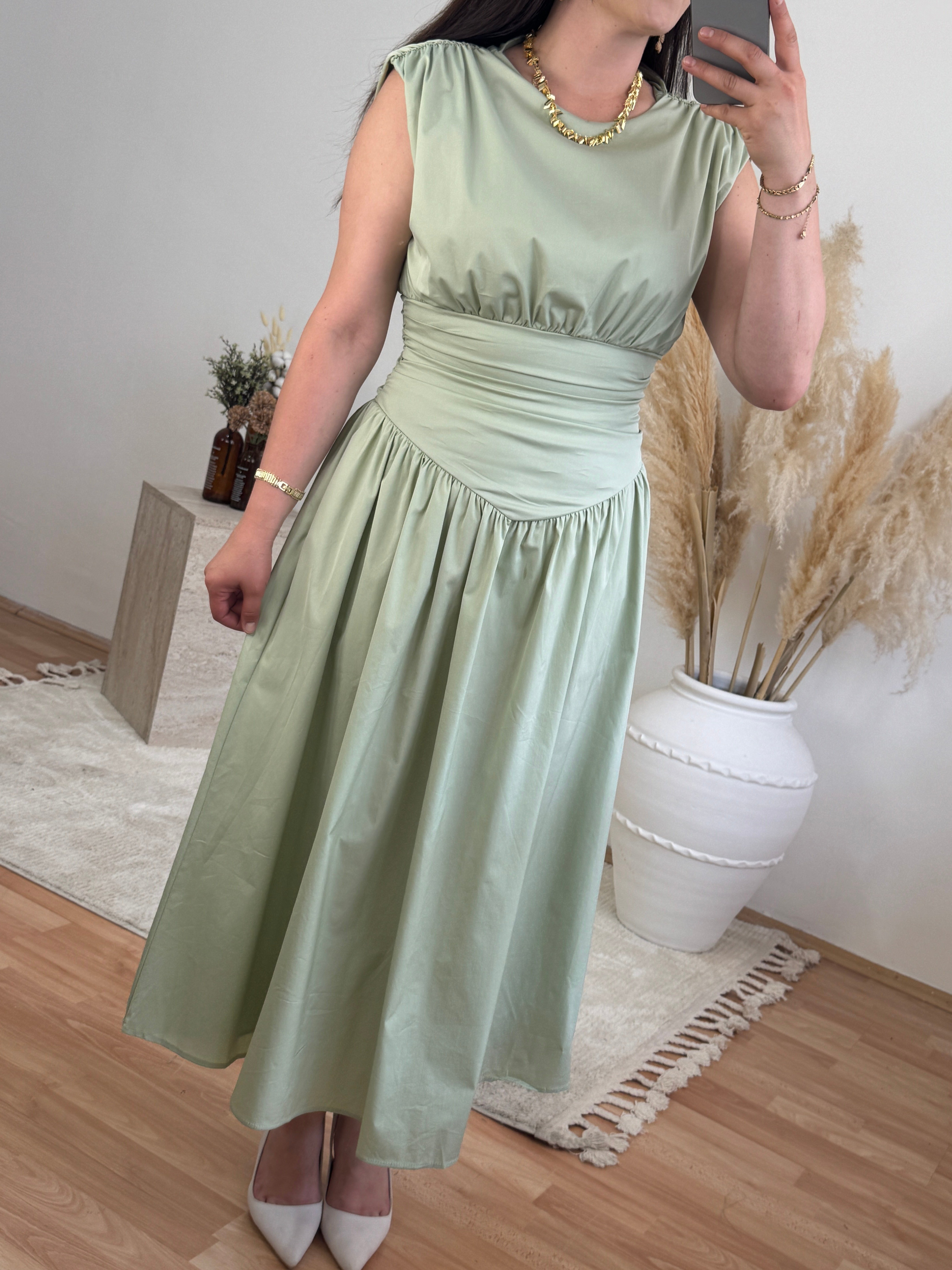 Korsaj Detaylı Midi Elbise-Mint Yeşili