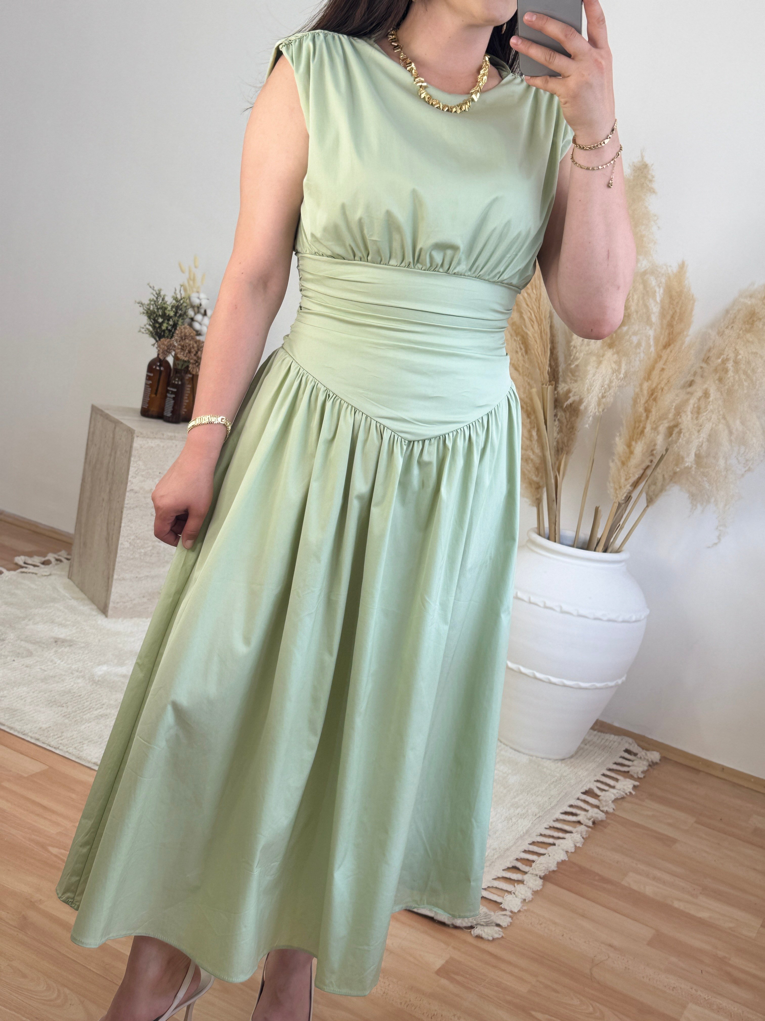Korsaj Detaylı Midi Elbise-Mint Yeşili