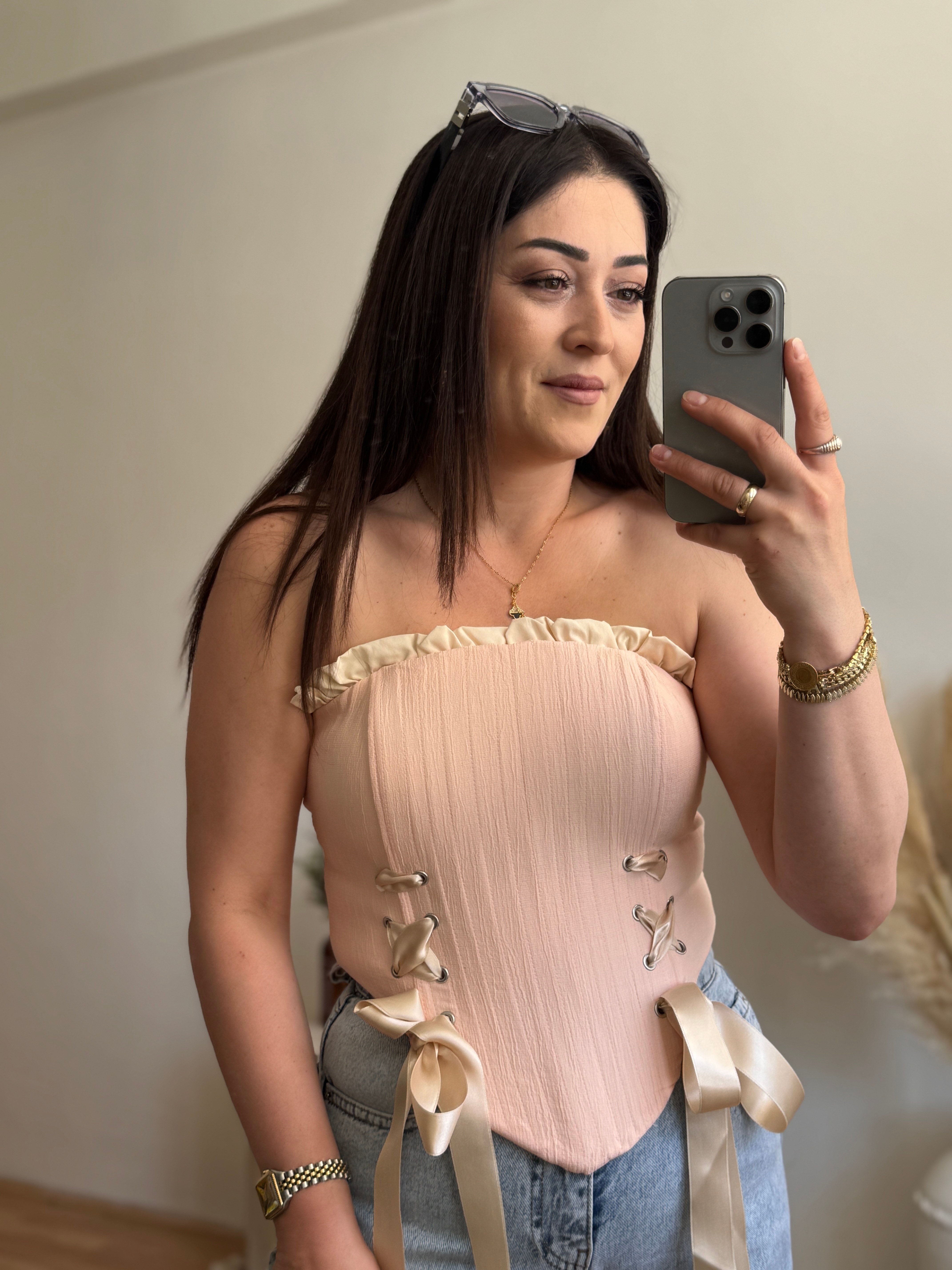 Korse Detaylı Bağlamalı Büstiyer-Pembe