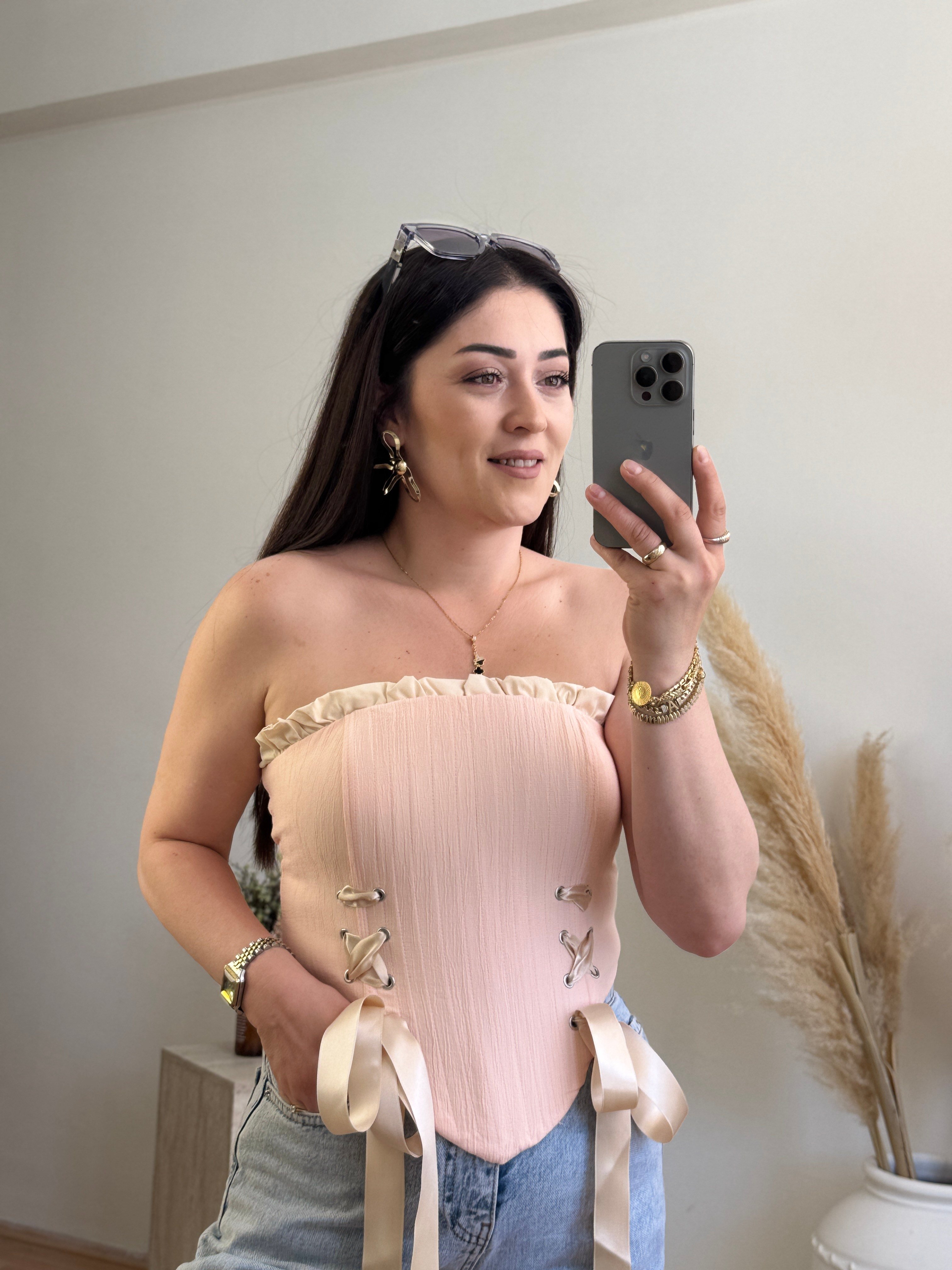 Korse Detaylı Bağlamalı Büstiyer-Pembe