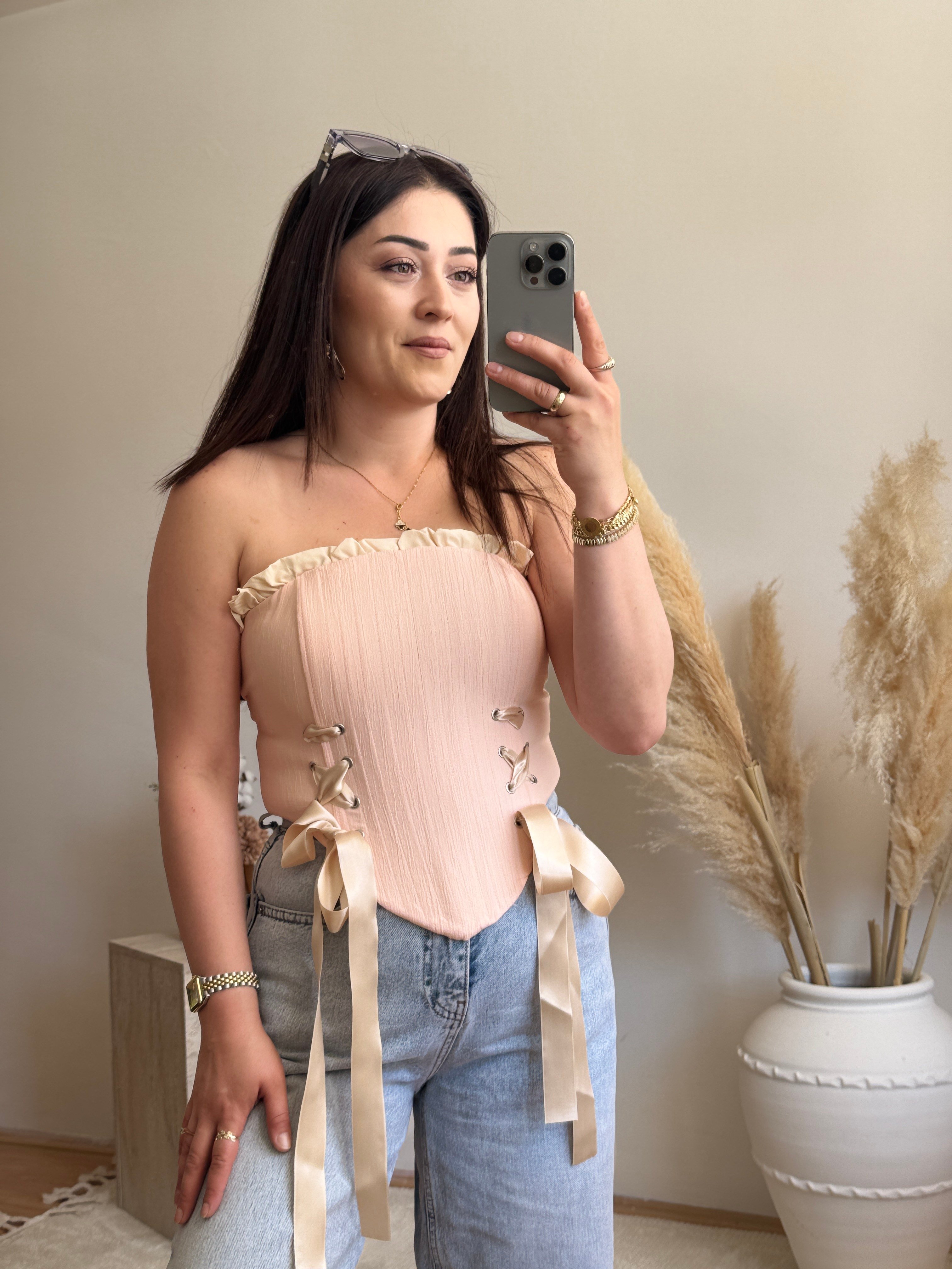 Korse Detaylı Bağlamalı Büstiyer-Pembe