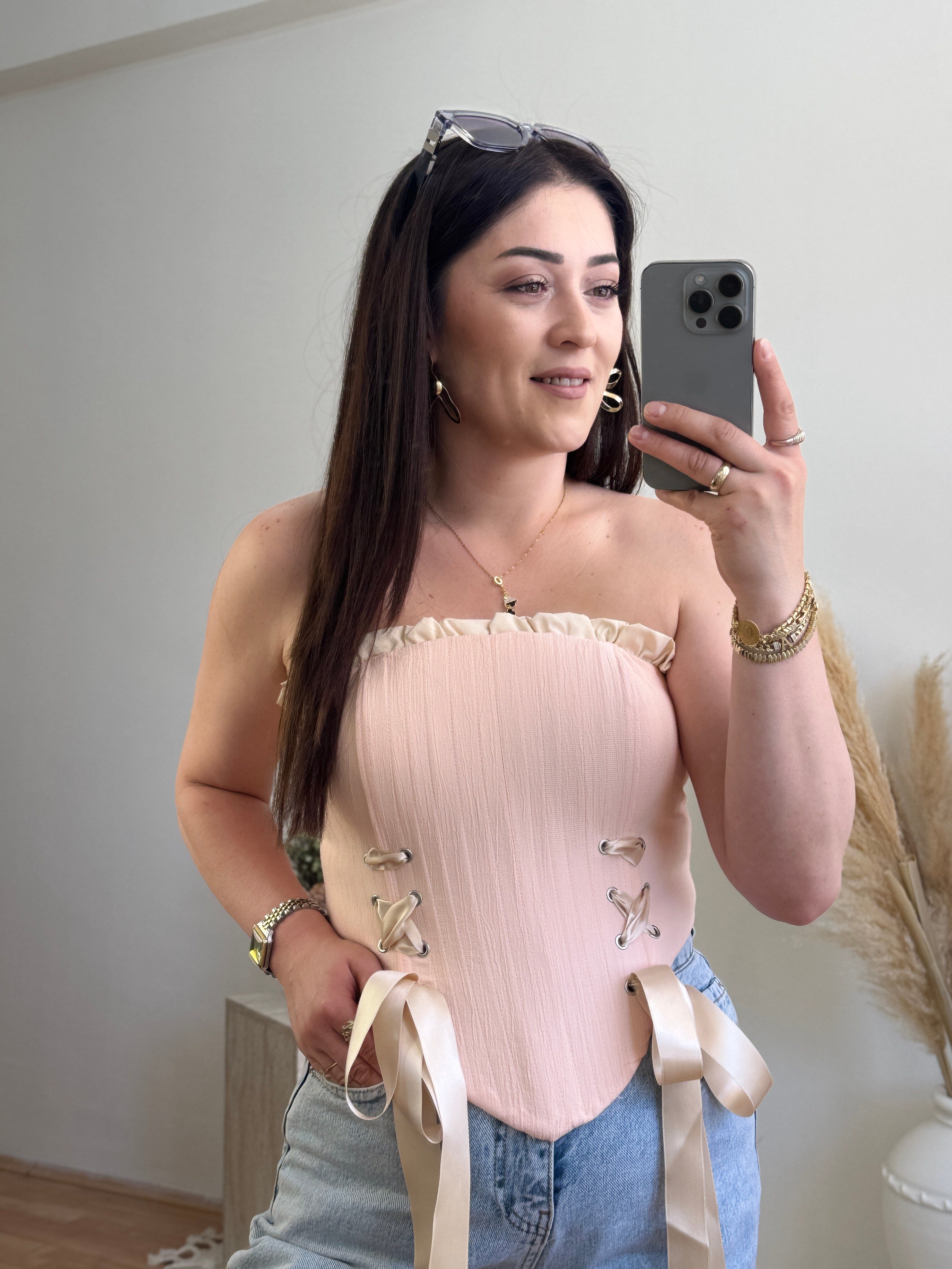 Korse Detaylı Bağlamalı Büstiyer-Pembe