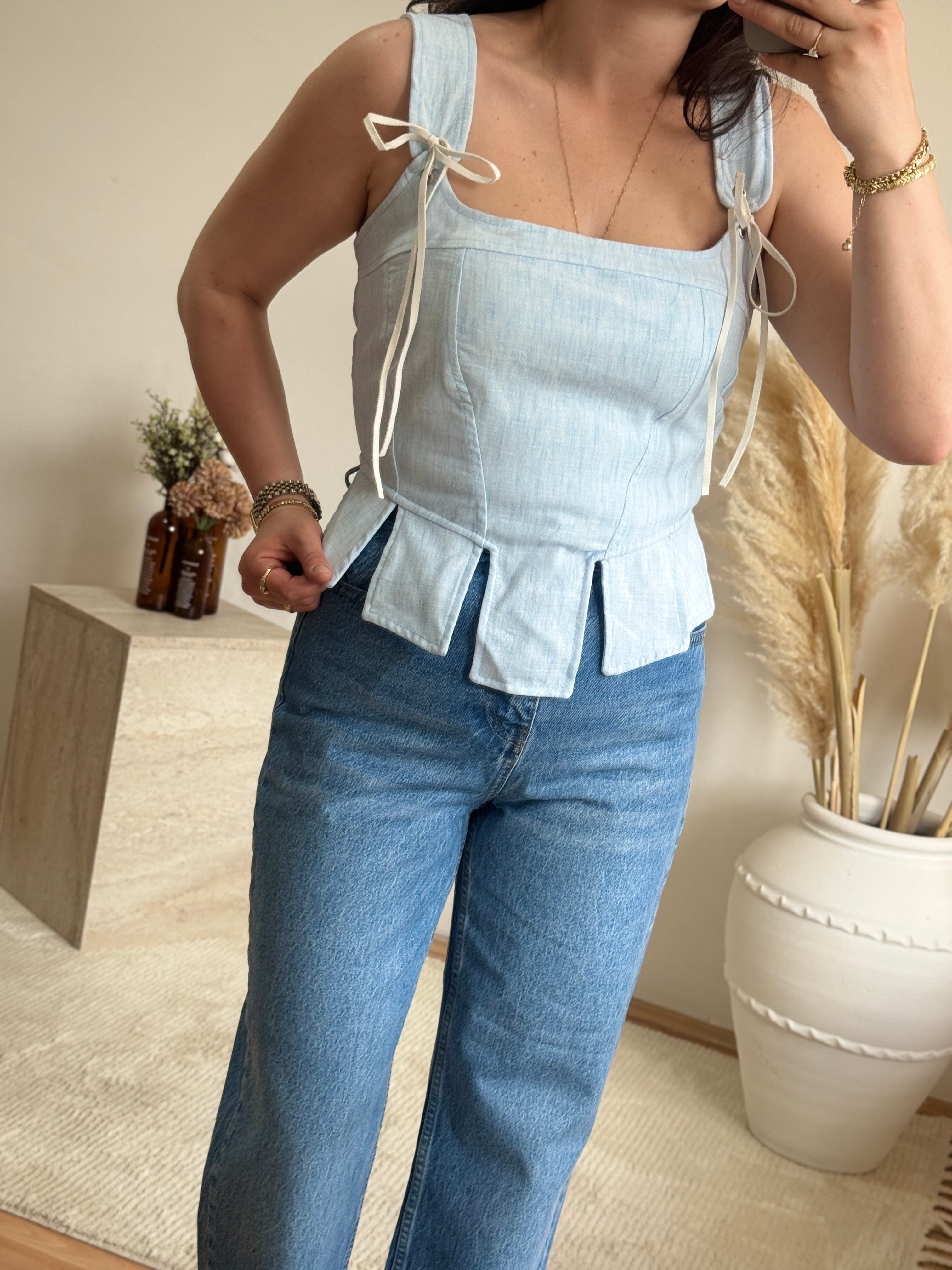 Korse Detaylı Poplin Bluz-Mavi