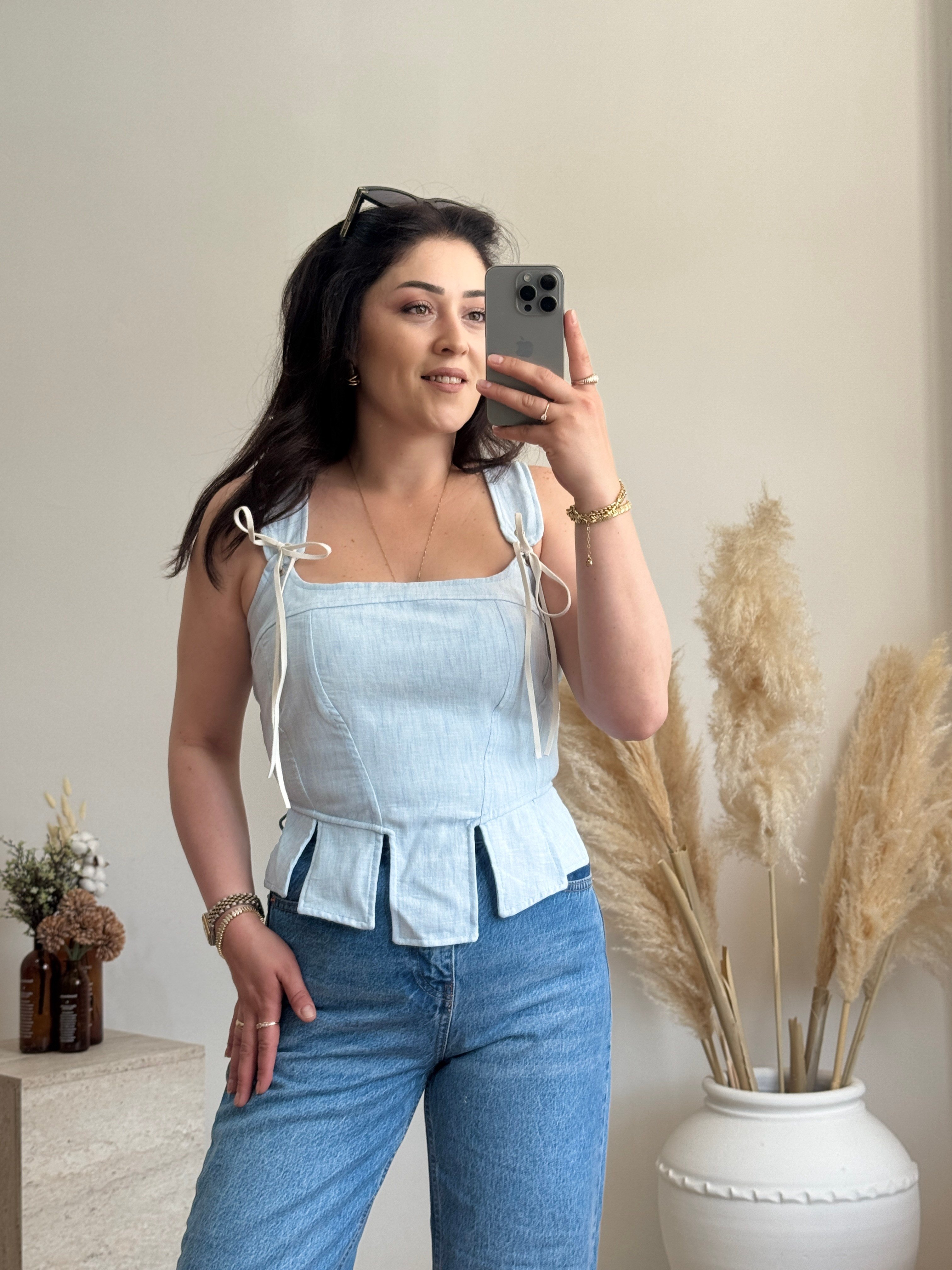 Korse Detaylı Poplin Bluz-Mavi